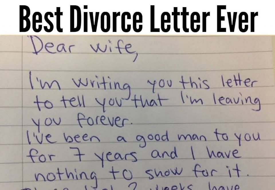 Wife receives a divorce letter from husband, her reply is brilliant