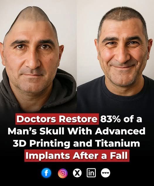 Doctors have successfully restored a man’s skull using 3D printing technology and titanium implants after he lost 83% of it in a fall from the top window of his house. READ HIS STORY LINK IN COMMENTS