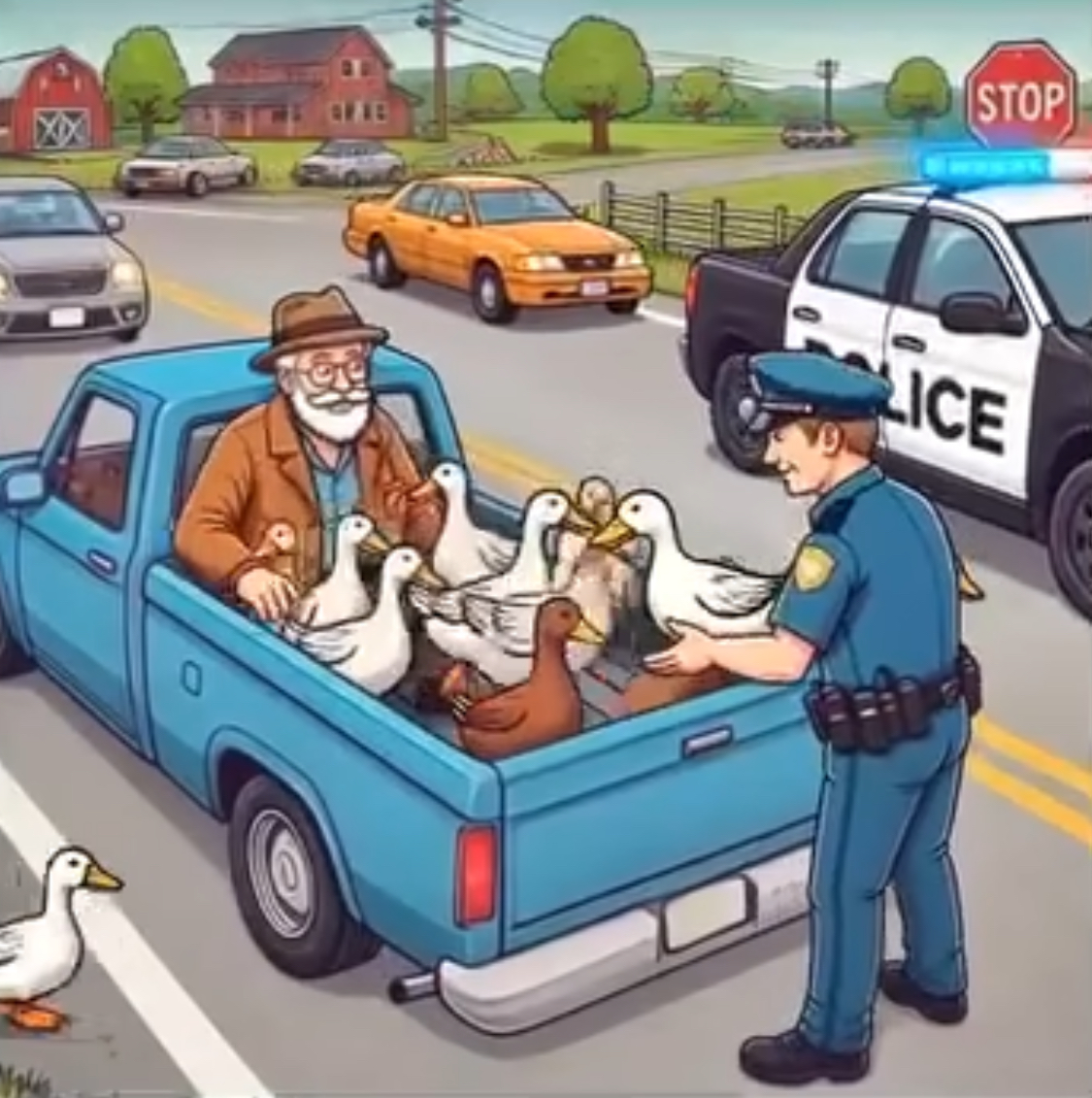 JOKE OF THE DAY: A policeman pulls over an old man driving a pickup truck with the bed overflowing with ducks. The officer says sternly, “Sir, you can’t have a flock of ducks wandering around downtown. Take them to the zoo immediately!” The old man nods, agrees, and drives off. The next day, the officer spots the same pickup truck, still full of ducks—but this time, all the ducks are wearing sunglasses. Frustrated, the officer pulls the man over again and exclaims, “I thought I told you to take these ducks to the zoo!” ⬇ (Continuation in first comment)