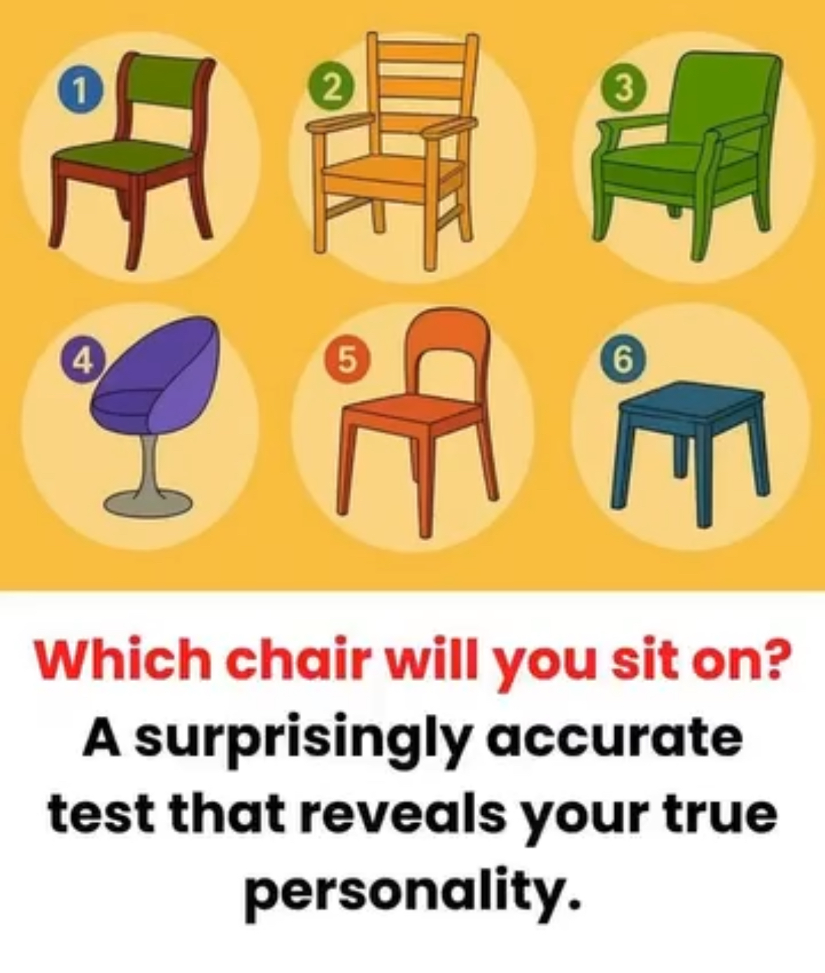 Which chair should you sit on? A surprisingly accurate test of your character and personality 😱 Choose a chair. Be honest and don’t try to click on the “right” answer: this test hides a trap… Even a seemingly ordinary chair can reveal much more than it seems. Discover the details 👇