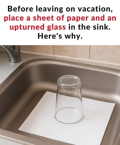 Here’s why you should always leave an upturned glass and a piece of paper in the sink before going on vacation 😲Read details in 1st comment⤵️