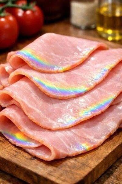 I took deli ham out of the fridge and noticed an iridescent, rainbow-like sheen on the slices. Is that normal? More in the comments below…