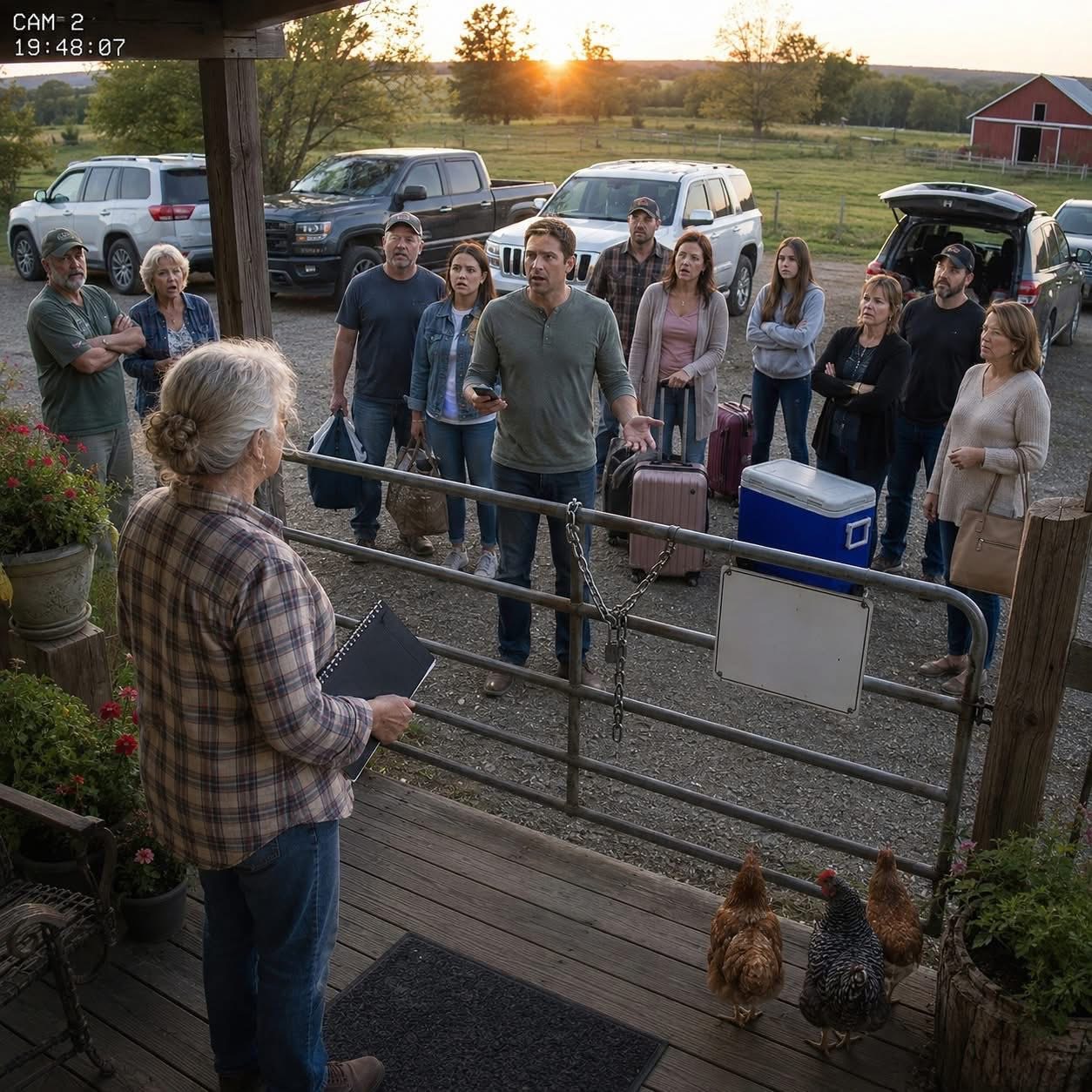 My son removed me from the family group chat because, as he said, “Mom, it was for working adults.” I said nothing. I went back to feeding the chickens, checking the fence line, and writing in the little farm notebook they all used to laugh about. One week later, twelve of them arrived with suitcases, meat, coolers, and weekend plans, certain I would leave the key under the flowerpot again. But this time, the gate was locked.  My name is Ruth, and for most of my adult life, my family treated my farm like a place that opened whenever they needed it.  Not a home.  Not my work.  Not the thing that kept me awake during storms, down on my knees in mud, repairing fences with cold hands while everyone else was busy with “real careers.”  To them, it was the family farm.  To me, it was the place my late husband and I had built one hard season at a time.  There was a white porch swing out front, a gravel driveway that dipped near the mailbox, a red barn that needed repainting every few years, and a kitchen window that faced the pasture. In the mornings, I drank coffee from the same chipped mug and watched the sun rise over the back field.  It was quiet.  It was work.  It was mine.  But every summer, every long weekend, every holiday when hotel prices got too high or someone wanted “fresh air for the kids,” my phone would start buzzing.  “Mom, can we come out this weekend?”  “Mom, do you still have the big cooler?”  “Mom, can you make potato salad?”  “Mom, leave the key under the flowerpot in case we get there late.”  And I did.  For years, I did.  I washed sheets before they came. I stocked the fridge. I made breakfast for people who slept until noon. I cleaned muddy boots from the hallway. I picked up soda cans by the firepit. I smiled when they called it “our little escape,” even though I was the only one who stayed behind to clean up after the escape ended.  Then my son Daniel removed me from the family group chat.  I found out by accident.  My niece mentioned a plan for Labor Day weekend, then stopped mid-sentence when she realized I did not know. I looked at my phone. The chat was gone.  So I called Daniel.  “Did you remove me from the group?”  There was a pause, not guilty enough to be regret.  “Mom,” he said, with that careful voice people use when they want disrespect to sound reasonable, “it was for working adults. You don’t understand what we talk about.”  I stood in my kitchen with my hand on the counter.  Behind me, the old refrigerator hummed. Outside, the wind moved through the corn at the edge of the property.  Working adults.  I thought about the tractor payment I had made alone.  The roof I had patched before a storm.  The feed bills.  The county forms.  The years I kept that farm alive while raising the same son who now thought adulthood began in a group chat without me.  “I see,” I said.  Daniel sighed like I was being sensitive.  “Don’t make it dramatic, Mom. It’s just easier this way.”  I almost laughed.  Easier.  That had always been the word.  It was easier when I hosted. Easier when I cooked. Easier when I kept quiet. Easier when I left the key under the flowerpot. Easier when nobody asked whether I was tired.  So that week, I did something different.  I did not call anyone.  I did not argue.  I took out the old black notebook from the kitchen drawer.  They used to tease me about that notebook.  “Mom and her little farm diary.”  “What do you write in there, chicken gossip?”  “Careful, she’s documenting the potato salad.”  I let them laugh.  Because yes, I wrote things down.  I wrote down who borrowed tools and never returned them. Who promised to split the repair cost for the damaged gate and forgot. Who left trash by the creek. Who brought extra guests without asking. Who used my freezer, my propane, my linens, my pantry, my time.  I wrote down dates.  I wrote down names.  I wrote down promises.  Not because I planned to shame anyone.  Because when you are the person everyone depends on, people start confusing your kindness with permission.  The following Friday evening, I saw headlights turning into the long gravel drive.  One truck.  Then another.  Then two SUVs.  Twelve people climbed out with suitcases, grocery bags, coolers, folding chairs, and the confident noise of people who had not considered the possibility of hearing “no.”  Daniel walked straight to the flowerpot beside the gate.  He lifted it.  Nothing.  He looked again.  Still nothing.  Then he saw the chain around the gate.  Locked.  My daughter-in-law frowned. My brother looked toward the house. The kids started asking why they could not go inside. Someone laughed awkwardly and said, “Maybe she moved the key.”  Daniel called me.  I answered from the porch.  He could see me standing there.  “Mom,” he said, forcing a smile into his voice, “the gate’s locked.”  “I know.”  There was a pause.  “We’re here.”  “I can see that.”  His smile faded.  “Can you open it?”  I looked at the twelve people waiting behind him, all of them holding pieces of a weekend they had planned without me in the place they expected me to provide.  “No,” I said.  My sister stepped closer to Daniel, whispering loudly enough for me to hear through the phone.  “Is she serious?”  Daniel’s voice tightened.  “Mom, don’t do this in front of everybody.”  That sentence almost made me soft.  Almost.  Then I remembered the group chat. The little pause before he said I did not understand working adults. The way he had not sounded cruel, only certain.  Certain I would still be useful.  I nodded toward the gate.  “There’s a sign,” I said.  Daniel turned.  They all turned.  Hanging from the fence was a clean white board with neat black letters.  Welcome to Ruth’s Farm.  Private property.  No entry without invitation.  No overnight stays without written agreement.  No shared meals, equipment, rooms, or storage unless arranged in advance.  For questions, see the notebook.  Below the sign sat the old black notebook inside a clear plastic box.  For the first time all evening, nobody laughed.  Daniel stared at it.  Then he said, softly, “Mom, what is this?”  I looked at him from the porch, my hand resting on the rail my husband had built thirty years earlier.  “It’s for working adults,” I said.  His face changed.  Behind him, someone opened the notebook. (I know you’re curious about the next part, so please be patient and read on in the comments below. Thank you for your understanding of the inconvenience. please leave a ‘YES’ comment below and give us a “Like ” to get full story ) 👇