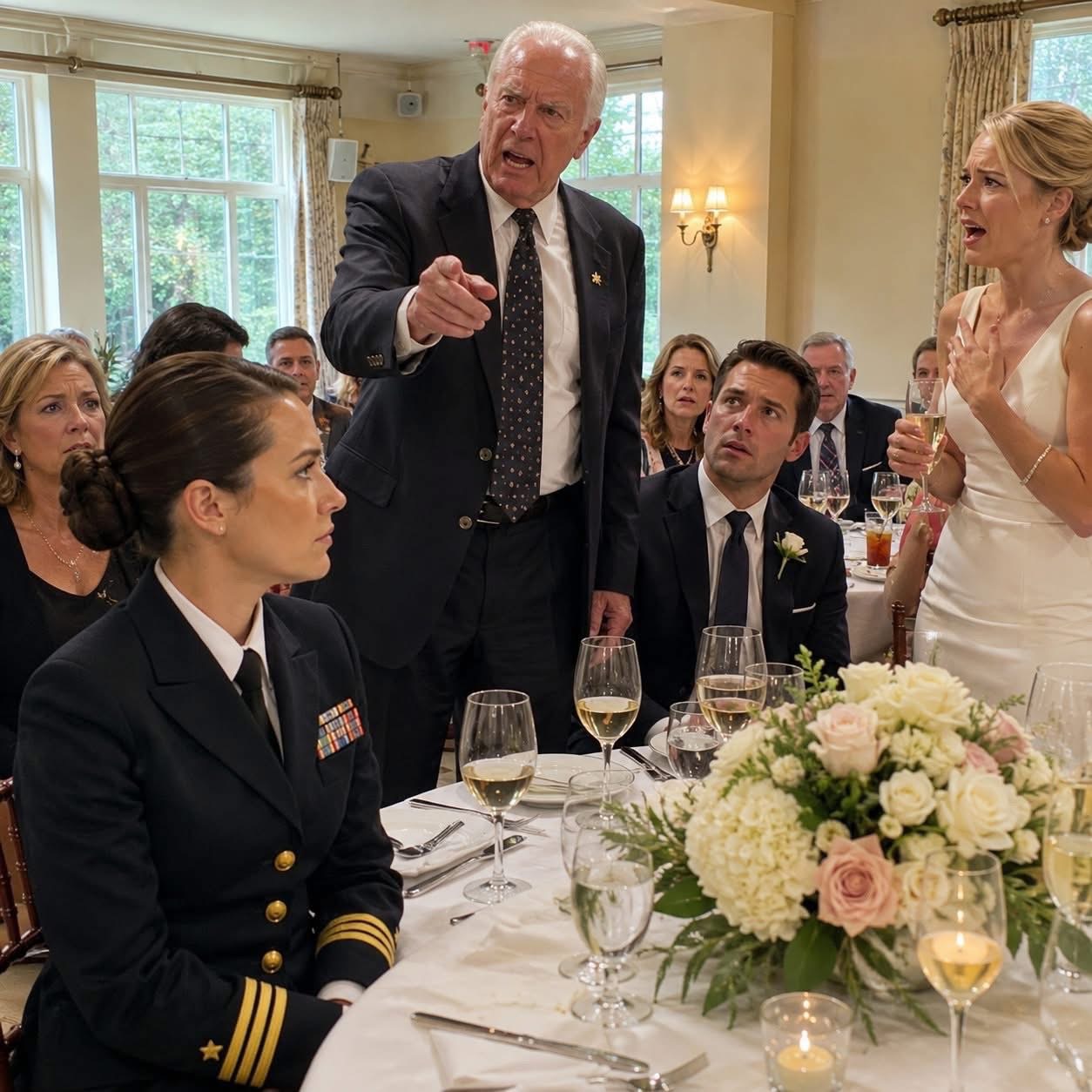 My Sister Smiled At Her Rehearsal Dinner And Said, “Tell Everyone Your Navy Nickname,” Thinking She’d Embarrass Me In Front Of Her New Family — But When I Said “Riptide,” The Groom’s 74-Year-Old Uncle Froze, Put Down His Glass, And Told Her To Apologize Before Anyone Even Understood Why  My sister planned to humiliate me at dinner.  I knew it before the first toast.  I knew it from the way she smiled when I walked into the private dining room at the Fairfax Country Club, like she had been waiting for me—not because she was glad I came, but because I had finally arrived for my role in her performance.  Brianna stood near the bar in a white cocktail dress, champagne in one hand, Derek’s arm tucked into the other.  She looked beautiful.  She always did.  That was part of the problem.  People forgave a lot when it came wrapped in perfect hair, soft perfume, and a laugh that made cruelty sound like charm.  “Monica,” she called, loud enough for people to turn. “You made it.”  “I said I would.”  She hugged me with one arm, careful not to spill her drink.  “I was starting to think the Navy had classified your arrival time.”  A few people laughed.  I smiled because that was what I had trained myself to do around my family.  Smile just enough.  React just little enough.  Do not give Brianna anything she could turn into a second joke.  A few hours earlier, I had almost turned the car around.  I was still sitting outside in the parking lot, engine running, hands on the steering wheel, staring at the country club windows glowing gold in the evening light.  My phone had buzzed three times.  All from Brianna.  Please don’t bring your Navy attitude to my wedding.  Try to act normal for one weekend.  And don’t scare Derek’s family with your serious face.  I locked the phone and set it face down.  That was my sister.  If I reacted, I was too sensitive.  If I stayed quiet, she kept going.  If anyone called her out, she tilted her head and said she was only joking.  And my mother always arrived with the same soft excuse.  She doesn’t mean anything by it.  That sentence had followed me my whole life.  Through childhood dinners.  Through college.  Through my first deployment.  Through every holiday where Brianna made my service sound like a personality flaw and everyone else laughed because it was easier than making her stop.  I was 35 years old, a lieutenant commander in the United States Navy, and I had spent most of my adult life learning how to stay calm under pressure.  But sitting outside my little sister’s rehearsal dinner, I felt seventeen again.  Walking into a room where she already knew how to make people laugh.  And I already knew I would be the reason.  Inside, the room smelled like flowers, butter, polished wood, and expensive perfume.  Three long tables.  White linens.  Candles.  Printed menus.  A schedule on a small easel near the entrance.  Welcome drinks.  Dinner.  Toasts.  Family fun stories.  My eyes stopped on that last line.  Family fun stories.  Something tightened in my chest.  I told myself not to assume the worst.  Then I heard Brianna behind me near the hallway, whispering to her maid of honor, Tessa.  “No, I’m serious,” she said, laughing under her breath. “The Navy nickname bit is going to kill.”  Tessa laughed. “Does Monica know you’re doing that?”  “She’ll be fine,” Brianna said. “She acts tough for a living.”  I did not turn around.  I sat down at my assigned seat and looked at the folded napkin on my plate like it was the most interesting thing in the room.  That was another thing the Navy taught me.  When your body wants to react, give it something small to focus on.  A line.  A corner.  A glass of water.  Anything ordinary enough to keep your face from showing what your chest already knows.  My mother appeared beside me a minute later, wearing pale blue and the kind of smile women use when they want a family photo more than they want the truth.  “Monica,” she said softly. “You okay?”  It sounded like concern.  It wasn’t.  It was a warning in a nicer dress.  “I heard her,” I said.  Mom’s face tightened. “Heard what?”  “The nickname bit.”  She glanced toward Brianna, then back at me.  “I’m sure she doesn’t mean anything by it.”  There it was.  The family motto.  “She planned it,” I said.  “Monica, please. Not tonight.”  “I haven’t done anything.”  “I know, honey. But this is her wedding weekend. Let her have this.”  Let her have this.  As if dignity was a centerpiece I could hand over.  As if respect was something I could loan my sister for one weekend and pick back up on Monday.  Dinner started.  Derek’s family was kind. His mother asked about my drive. His cousin thanked me for my service. His father made warm conversation about Virginia Beach.  For a little while, I almost believed the night could pass quietly.  Then Brianna began.  “Monica probably has an exit plan.”  “Don’t worry, if dessert is late, she’ll call in backup.”  “She’s Navy, so she’s judging how everyone holds a fork.”  Every comment was small enough to deny.  Sharp enough to feel.  That was how Brianna worked.  One joke never looked like a wound.  But years of them could leave a person raw.  My mother leaned toward me after the third one.  “Just let it pass,” she whispered.  I turned slightly.  “Why is that always my job?”  She did not answer.  Because there was no answer that made her look good.  Then came the toasts.  Derek’s father spoke first. Warm. Simple. Kind.  Derek stood next, nervous and sweet, talking about how much he loved my sister.  Then Brianna rose.  The room seemed to brighten around her.  She held her champagne glass with both hands and smiled like the night belonged to her.  “I promised myself I wouldn’t cry tonight,” she began, and everyone laughed gently. “So before we get too emotional, I thought we should have a little fun.”  My mother went still beside me.  I felt the air shift.  Brianna turned her smile toward me.  “Some of you have met my sister Monica tonight. She’s Navy, so if she looks serious, don’t worry. That’s just her face.”  The room laughed.  I folded my hands under the table.  “She has always been the intense one in our family,” Brianna went on. “Even as a kid, she acted like every sleepover needed a chain of command.”  More laughter.  Then her eyes glittered.  “And apparently, in the Navy, they gave her a very dramatic nickname. Monica never wants to talk about it, which obviously means we have to ask.”  Derek’s smile faded.  My mother whispered my name.  Brianna lifted her glass.  “Come on, Monica. Tell everyone your ridiculous Navy nickname.”  The word ridiculous hung there.  I looked at her across the table.  White dress.  Perfect makeup.  Perfect smile.  A bride making a harmless joke.  That was the danger of Brianna.  She always looked harmless when she was choosing exactly where to cut.  “Not tonight,” I said.  Her smile stayed, but her eyes sharpened.  “Oh, please. It’s not classified.”  A few people laughed.  Softer now.  I could feel the room deciding what kind of scene this was.  If I played along, it would be funny.  If I refused, I would be difficult.  Brianna knew that.  She had built the moment that way.  “Come on, Navy girl,” she said. “What did they call you?”  So I gave her exactly what she asked for.  Nothing more.  I looked at her and said, “Riptide.”  The word landed quietly.  For half a second, no one moved.  Then Brianna laughed.  “Riptide,” she repeated, loud enough for the back table to hear. “Seriously? That sounds like a rejected superhero name.”  A few people chuckled because she did.  Not because they were cruel.  Because humiliation does not always begin with a mob.  Sometimes it begins with one person giving everyone else permission.  Brianna put one hand over her chest like she was trying not to laugh too hard.  “Oh my God, Monica. You have to admit that is dramatic.”  “I don’t,” I said.  The room cooled.  For the first time, people heard the edge beneath the joke.  Brianna’s smile flickered.  Then came the sound.  A glass touching the table.  Soft.  Deliberate.  Everyone turned.  Derek’s uncle, Frank Whitmore, sat at the far side of the room, one hand still around his water glass.  Seventy-four years old.  White hair.  Straight back.  Quiet all evening.  Former Navy corpsman, someone had told me during introductions.  Until that moment, he had barely said a word.  Now his face had changed completely.  He was not looking at Brianna like she had made a bad joke.  He was looking at her like she had stepped on something sacred.  Slowly, Frank pushed his chair back.  The legs scraped the floor just enough to cut through the last of the laughter.  Derek turned toward him.  “Uncle Frank?”  Frank stood.  He was not tall anymore, not the way younger men are tall.  But when he rose, the entire room adjusted around him.  Waiters froze.  Forks stopped moving.  My mother’s hand tightened around her napkin.  Frank looked only at my sister.  “Apologize,” he said.  Brianna blinked. “What?”  His voice stayed low.  “Apologize. Now.”  No one breathed.  Brianna gave a nervous laugh.  “Uncle Frank, come on. It was just a joke.”  Frank did not smile.  “No,” he said. “It wasn’t.”  And that was when Derek looked from his uncle to me, then back to Brianna, and asked the question that made my sister’s face finally lose its color.  “Brianna,” he said quietly, “what exactly did you just make fun of?” (I know you’re curious about the next part, so please be patient and read on in the comments below. Thank you for your understanding of the inconvenience. please leave a ‘YES’ comment below and give us a “Like ” to get full story ) 👇