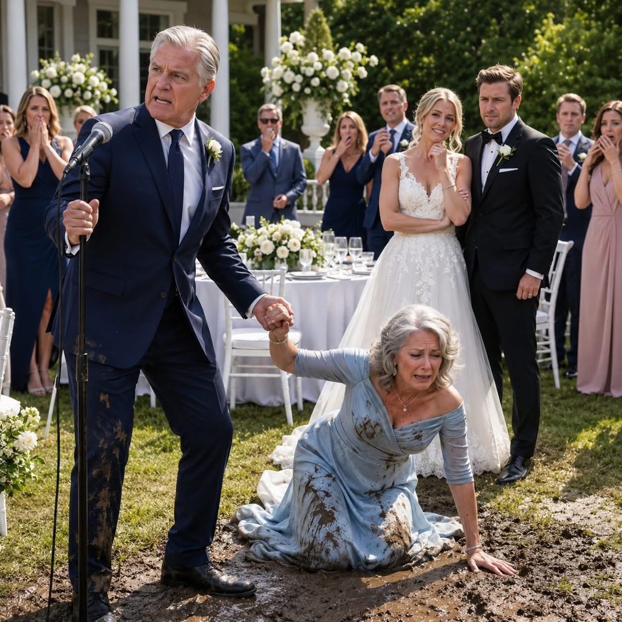 At my son’s wedding, his bride pushed my wife into the mud in front of two hundred guests. Instead of helping his mother, my son placed his arm around the bride and whispered something that made her laugh. I walked to the microphone, and one sentence stopped the entire wedding.  The wedding took place at Briarwood Estate, a white-columned venue outside Charleston, South Carolina, with manicured lawns, a lake behind the ceremony arch, and two hundred guests dressed like they had stepped out of a magazine.  My son, Daniel Whitmore, stood beside his bride, Vanessa Caldwell, smiling like a man who had just won the world. My wife, Margaret, sat in the front row with tears in her eyes, holding a folded handkerchief in both hands.  For months, Margaret had tried to love Vanessa.  She helped choose flowers. She mailed invitations. She even gave Vanessa the pearl bracelet her own mother had worn on her wedding day.  Vanessa accepted it with a smile and later told one of her bridesmaids, loud enough for Margaret to hear, “It’s vintage, I guess. Maybe I’ll wear it for the rehearsal, not the actual wedding.”  Margaret said nothing.  That was her way.  The ceremony ended beautifully. The vows were spoken. The kiss happened. Guests applauded. Champagne was poured. The band began playing soft jazz as everyone moved toward the garden reception.  Then it happened.  Near the edge of the lawn, rain from the night before had softened the ground. Margaret was walking carefully, one hand on her cane, when Vanessa came up behind her with two bridesmaids giggling at her side.  I saw Vanessa lean close and say something. Margaret turned, confused.  Then Vanessa put both hands on my wife’s shoulder and shoved.  Margaret fell sideways into the mud.  Her pale blue dress, the one she had saved for this day, was ruined instantly. Her handkerchief landed in a puddle. Her cane rolled away. For one terrible second, the entire wedding went silent.  Then Vanessa laughed.  Not nervously.  Not accidentally.  She laughed like she had finally done something she had been waiting to do.  Daniel stepped toward her. I expected him to help his mother.  Instead, my son put his arm around Vanessa’s waist, leaned down, and whispered into her ear.  Vanessa laughed even harder.  Something inside me became very calm.  I walked across the lawn, picked up Margaret’s cane, helped her stand, and placed my jacket around her. Her hands were trembling, but her face stayed steady.  “Thomas,” she whispered, “don’t.”  But I was already walking toward the microphone near the bandstand.  The band kept playing until I tapped the microphone once.  The sound cracked across the garden.  Every face turned.  Vanessa’s father, Richard Caldwell, set down his champagne glass.  The band stopped playing.  Daniel’s smile disappeared.  I looked at my son first. Then I looked at his bride.  And I said, “Ladies and gentlemen, before the first dance, I believe the bride deserves to know why this wedding will not be paid for by the Whitmore family.” (I know you’re curious about the next part, so please be patient and read on in the comments below. Thank you for your understanding of the inconvenience. please leave a ‘YES’ comment below and give us a “Like ” to get full story ) 👇