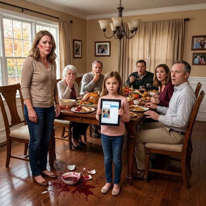 My husband slapped me in front of his entire family on Thanksgiving, leaving the whole room frozen in silence. But then our daughter Lilly stepped forward, raised her tablet, and said five words that changed everything, making him sit back like he had just been hit by a brick.  The slap happened so quickly that Rachel Bennett did not even lift a hand to stop it.  One second, she was standing beside the long dining table in her in-laws’ house in suburban Ohio, holding a bowl of cranberry sauce she had made from scratch at six that morning. The next second, her cheek was burning, the bowl hit the hardwood floor, and the room went silent except for the wet splatter of red sauce spreading beneath the table legs.  Her husband, Mark Bennett, stood in front of her with his hand still half-raised.  Around them, Thanksgiving froze.  Mark’s mother, Elaine, sat at the head of the table with her pearl necklace pressed against her throat. His father, Robert, stared down at his plate as if the turkey suddenly needed serious attention. Mark’s brother Kyle leaned back with his mouth open. Cousins, aunts, and nephews went still with forks paused in the air.  Rachel’s ten-year-old daughter, Lilly, sat near the kids’ table with her tablet held in both hands.  Rachel could feel the shape of Mark’s fingers forming across her face.  “All I said,” Rachel whispered, her voice trembling, “was that you shouldn’t speak to Lilly like that.”  Mark’s jaw tightened. “You embarrassed me in front of my family.”  Rachel looked at the faces around the room, waiting for someone to stand, to speak, to say her name like she mattered.  No one did.  Elaine finally exhaled. “Rachel, maybe this is not the time.”  Rachel almost laughed, but her throat closed. Not the time. Not after ten years of swallowing insults in bathrooms, smiling through family dinners, explaining bruises as cabinet doors and clumsiness. Not after Mark called Lilly “dramatic” for crying when he mocked her school presentation. Not after Rachel had finally said, “Stop.”  Mark turned back toward the table like the matter was over.  Then Lilly stood.  Her small chair scraped against the floor.  “Lilly, sit down,” Mark snapped.  But Lilly did not sit. Her face was pale, but her hands stayed steady around the tablet. She walked to the center of the dining room, straight through the cranberry sauce, leaving tiny red footprints on the polished floor.  Rachel shook her head slightly. “Baby, don’t.”  Lilly looked at her mother, then at Mark.  “I recorded everything, Dad.”  Five words.  The room changed.  Mark’s face lost color.  Lilly tapped the screen. Mark’s voice filled the dining room, sharp and ugly.  “You think anyone will believe you? My family knows you’re sensitive.”  Then Rachel’s voice: “Don’t talk to our daughter like that.”  Then the sound of the slap.  The recording kept playing.  No one looked at the turkey anymore. No one pretended.  Mark slowly sat down as if his knees had forgotten how to hold him.  Rachel stood with one burning cheek and finally understood: the silence in that room had not protected her.  But Lilly’s truth had. (I know you’re curious about the next part, so please be patient and read on in the comments below. Thank you for your understanding of the inconvenience. please leave a ‘YES’ comment below and give us a “Like ” to get full story ) 👇