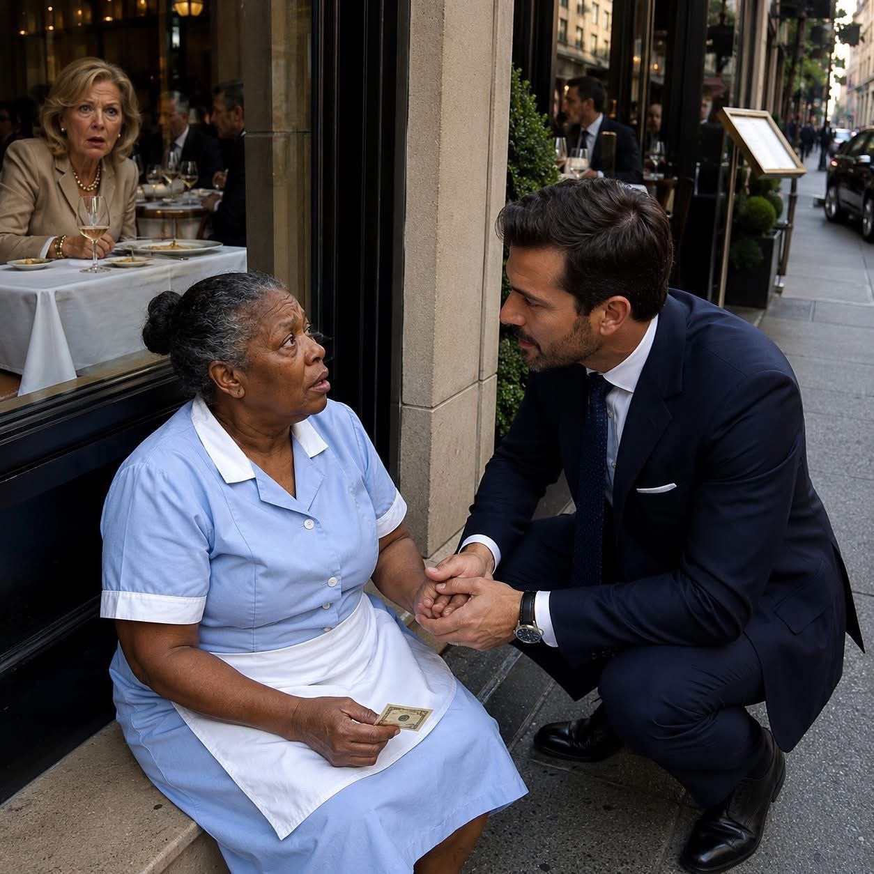 A Rich Woman Forced Her Maid To Wait Outside While She Ate Inside… Then The Restaurant Owner Recognized The Maid  PART 1  It was just after noon.  The heat outside Casa D’Ouro pressed down like punishment.  At the entrance of one of the most expensive restaurants in São Paulo, Estela stepped out of her car wearing oversized sunglasses, a designer handbag on her arm, and the kind of perfume that announced wealth before she even said a word.  Behind her came her housekeeper, Lourdes.  Sixty years old. Plain uniform. Worn sandals. Exhausted eyes.  Lourdes had followed her all morning, running errands, carrying bags, opening doors, staying quiet the way women like her learn to do after years of surviving other people’s moods.  So when Estela walked toward the entrance, Lourdes naturally moved to follow.  That was when Estela stopped, turned, and looked at her like she had just dragged dirt across a white carpet.  “Excuse me,” Estela said coldly. “Where exactly do you think you’re going?”  Lourdes blinked, confused.  “Ma’am… I thought we were having lunch.”  Estela gave a short, cruel laugh.  “I’m having lunch. You’re not.”  Her eyes moved slowly over Lourdes’s sandals, her faded uniform, her tired face.  “Look at yourself. Those shoes. That outfit. You’d embarrass me in there. This place is exclusive. Honestly, I’d lose my appetite just seeing you at one of the tables.”  Then she reached into her purse, pulled out a fifty-real bill, and pushed it into the older woman’s hand.  “There,” she said. “Go buy yourself some bread from the bakery on the corner. And stay right here outside where the security guard can watch you.”  Then she turned and walked inside without another word, disappearing into the cold air, polished glass, and luxury of the dining room as if the whole world existed to serve her.  Lourdes stayed outside.  In the heat.  Hungry. Humiliated. Drained.  She sat near the entrance holding the crumpled bill in one hand, fanning herself with a piece of cardboard. Through the window, she could see Estela being led to a beautiful table, already smiling at the menu, already ordering wine and expensive dishes as if the woman outside did not exist.  A few minutes later, a black Mercedes pulled up in front of the restaurant.  Out stepped Marcos Albuquerque, the owner of Casa D’Ouro.  Young. Elegant. Controlled. One of those men who never has to raise his voice to command attention.  He was heading toward the entrance when he noticed the woman sitting off to the side in the heat.  He slowed down.  Looked again.  Then stopped completely.  Something in his face changed.  “Ma’am…” he said softly, almost as if he did not trust his own eyes. “Mrs. Lourdes?”  The elderly woman looked up, confused.  “Do you know me?”  Marcos stepped closer.  And suddenly his expression was not only surprise.  It was recognition.  Deep, emotional recognition.  His eyes were already filling as he gently took both her hands into his.  “Don’t you recognize me?” he asked, his voice shaking now. “It’s me… Marquinhos. That skinny little boy from the countryside who used to knock on your door asking for a plate of food.”  Lourdes stared at him.  Really stared.  Then her eyes fixed on the small scar near his eyebrow.  Her hand began to tremble.  “Marquinhos?” she whispered. “My God… is it really you?”  And in that moment, the entire past seemed to crash back into the present.  Because the woman Estela had just left outside in the heat was not invisible to the man who owned the restaurant.  Not even close.  Years earlier, when Marcos had nothing, when he was just a hungry child nobody cared about, Lourdes had fed him with the little she had, protected him when no one else did, and treated him like he mattered.  And now he was standing in front of her as the owner of one of the finest restaurants in the city.  Which meant Estela had just humiliated the one person in front of the wrong witness.  Marcos straightened, looked through the glass toward the table where Estela was comfortably sipping wine, then turned back to Lourdes with a tenderness that made her eyes fill instantly.  “Please come with me,” he said. “You’re not staying out here.”  Then he offered her his arm.  And as he led her toward the private VIP room inside Casa D’Ouro, every head in the restaurant began to turn.  Including Estela’s.  And the look on her face the moment she realized who was being escorted past her table…  was only the beginning. (I know you’re curious about the next part, so please be patient and read on in the comments below. Thank you for your understanding of the inconvenience. please leave a ‘YES’ comment below and give us a “Like ” to get full story ) 👇