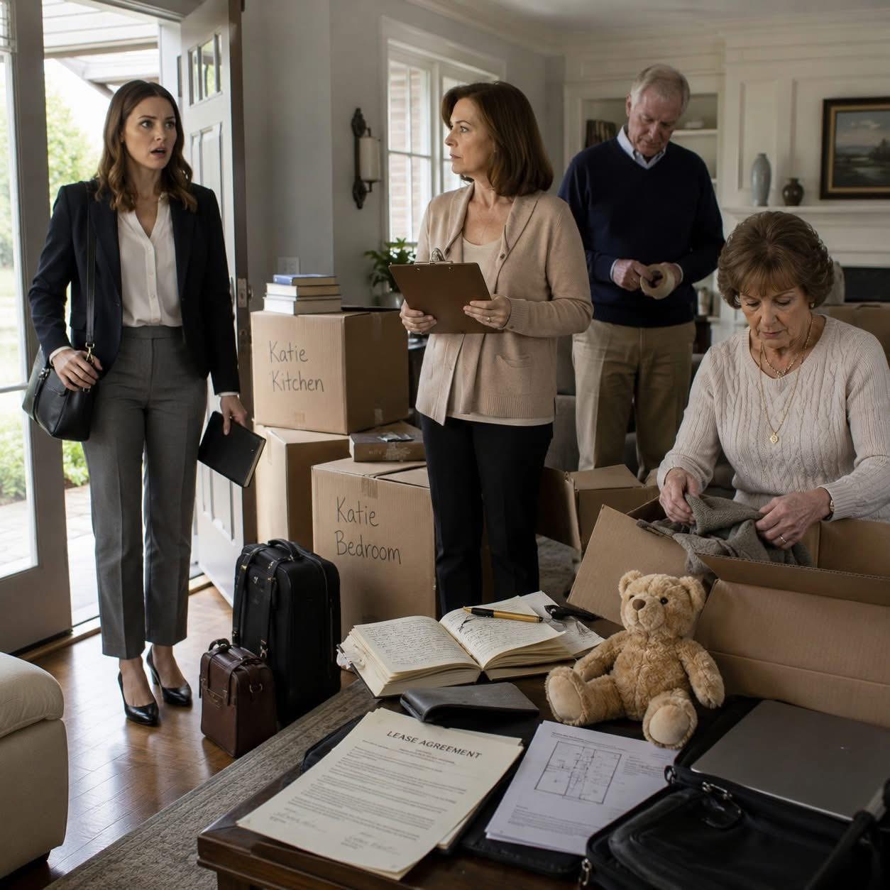 I Came Home Early From A Business Trip And Found My Parents Packing My Entire Life Into Boxes—They Said A Tiny Studio Was “Perfect For A Single Woman,” Then I Saw The Lease With My Name On It And Realized They Had Already Given My Home Away  I knew something was wrong the moment I turned into my parents’ long driveway.  There were boxes beside the front door.  Not Amazon boxes.  Not holiday decorations.  Moving boxes.  Large brown cardboard boxes stacked in neat, careful rows, labeled in my mother’s handwriting.  Katie kitchen.  Katie books.  Katie bedroom.  My hands tightened around the steering wheel.  I had come home two days early from a business trip, still wearing my blazer from a client presentation in downtown Chicago, still riding the small rush of landing one of the biggest accounts of my career.  I thought I might surprise my family.  Maybe we would order dinner.  Maybe I would finally tell them I had started seriously searching for my own apartment near work.  Instead, I walked through the front door and found my entire life spread across the living room like an estate sale.  My mother stood in the middle of it all with a clipboard.  My father had packing tape in his hand.  My Aunt Sylvia was folding one of my sweaters like she had every right to touch it.  And on the coffee table sat my childhood teddy bear beside a lease agreement I had never seen before.  My name is Catherine Parker, but everyone calls me Katie.  I am twenty-seven years old.  I have a degree from Northwestern, a senior marketing position at one of the most respected firms in Chicago, my own client portfolio, my own team, my own savings, and my own bills that I pay on time every single month.  But in my parents’ eyes, I was still a child who needed to be managed.  Directed.  Protected.  Moved.  “Katie,” my mother said, her face shifting too quickly into a smile. “You’re home early.”  That was all she said.  Not, “Congratulations on your presentation.”  Not, “Why didn’t you call?”  Not even, “This looks bad, but let me explain.”  Just that tight, polished smile I had spent my whole life trying to understand.  I looked around the room.  My bookshelves were empty.  My dresser drawers had been pulled out.  Framed photographs were wrapped in newspaper.  A box of journals sat open on the dining table.  My private journals.  The ones I kept in the nightstand of the guest house where I had lived for five years.  “Mom,” I said slowly, “what is going on?”  She beamed like this was a celebration.  “Surprise. We found you the perfect apartment.”  For a moment, I genuinely could not process the words.  Apartment?  Perfect?  Found?  She picked up the papers and held them out like a gift.  “It’s a darling studio in Oakbrook. Very safe. Very quiet. Sylvia lives five minutes away, so she can check in on you.”  Check in on me.  At twenty-seven years old.  With a full-time career and an income my parents loved bragging about whenever it made them look good.  I took the papers from her hand.  The lease had my name typed into the tenant line.  The apartment was barely five hundred square feet, with a kitchenette pressed against one wall and enough space for a bed if I did not mind living like a folded piece of laundry.  “I never signed this,” I said.  My father looked down at the tape dispenser.  My mother waved her hand.  “Oh, Katie, don’t be dramatic. We handled the deposit. The movers come Saturday.”  Saturday.  It was Wednesday.  They were moving me in three days.  Without asking.  Without warning.  Without my consent.  I had lived in the guest house on their Northbrook property since college. It had started as temporary, just until I paid down student loans and figured out my next step.  Then three months became five years.  I paid rent.  I paid my own bills.  I bought my own groceries.  The guest house had its own entrance, its own kitchen, its own life inside it.  It was not perfect, but it was mine.  Or at least I thought it was.  “You went into my house?” I asked, my voice growing quieter.  My mother’s smile flickered.  “It’s our property, Catherine.”  I heard it then.  The truth beneath every argument we had ever had.  Every time she criticized my haircut.  Every time she questioned a man I was dating.  Every time she warned me that downtown Chicago was dangerous, that photography was not practical, that I was too sensitive, too impulsive, too young, too naive.  Our property.  Our daughter.  Our decision.  I walked to the dining table and picked up one of my journals.  The little ribbon bookmark was in a different place than I had left it.  My stomach turned.  “Did you read this?”  My mother hesitated for half a second.  That was all the answer I needed.  A heat rose behind my eyes.  “You read my journal?”  “I needed to understand what’s been going on with you,” she said, as if I had forced her to do it. “You’ve been so secretive lately.”  Secretive.  That was what she called privacy.  Then I saw my laptop bag on the chair.  Open.  My breath caught.  “You went through my computer too?”  My father finally spoke.  “Katie, your mother was worried.”  I laughed once, sharp and ugly.  “Worried about what? That I might choose my own apartment?”  My mother’s face hardened.  “I saw those listings you were looking at. River North? Downtown? Those places are overpriced and unsafe. You were about to make a terrible mistake.”  “So you made a decision for me.”  “We helped you.”  “No,” I said. “You trapped me.”  The room went still.  Even Aunt Sylvia stopped folding.  My mother’s eyes narrowed.  “You are overreacting.”  There it was.  The word that had followed me since childhood.  Overreacting when I cried.  Overreacting when I asked why she called my college roommate to check if I was studying.  Overreacting when she “forgot” to mail an application for a school four states away.  Overreacting when she told me a marketing job in Chicago was too demanding and I should find something closer to home.  I looked at the boxes again.  Then I noticed something missing.  A small wooden jewelry box that had belonged to my grandmother.  I kept it on the dresser in the guest house, not because it was expensive, but because inside were letters, tiny mementos, and a pressed flower from the last walk I ever took with her.  “Where is Grandma’s jewelry box?” I asked.  My parents exchanged a look.  That look snapped something inside me.  “Where is it?”  My mother sighed like I was being difficult over a dish towel.  “I gave it to Amber. She’ll appreciate it. You weren’t using it.”  Amber.  My cousin’s wife.  The cousin who, I suddenly remembered, was renovating his house.  A cold understanding moved through me.  “Why does Amber need my things?”  My mother lifted her chin.  “Thomas and Amber need a place to stay while their renovation is finished. They’re moving into the guest house next month.”  The guest house.  My home.  Given away.  While they packed me into a studio apartment I had never seen.  I turned to my father.  “Did you know about this?”  He looked ashamed, but he did not deny it.  “Katie,” he said softly, “your mother put a lot of thought into this.”  Those words hit harder than shouting would have.  Because he knew.  He knew this was wrong.  He just chose peace with her over protecting me.  I stood in the middle of that living room, surrounded by boxes with my name on them, and saw my whole life clearly for the first time.  They had never been helping me.  They had been keeping me close enough to control.  My phone buzzed in my hand.  Mom had called my office as my emergency contact.  She had checked my schedule.  She knew I was supposed to be gone until Friday.  They had planned to move my life while I was not there to object.  I looked at my mother.  Then at my father.  Then at the lease on the table.  And for the first time in my life, I did not explain myself.  I did not apologize.  I did not cry where they could use it against me.  I picked up my journal, slipped it into my purse, and walked toward the door.  “Catherine Elizabeth Parker,” my mother snapped behind me, using the full-name voice that used to freeze me when I was sixteen. “Do not walk out that door.”  I stopped at the threshold.  My hand was on the knob.  The whole house went quiet.  Then I turned back and looked directly at her.  “I’m twenty-seven years old,” I said. “You don’t get to tell me what to do anymore.”  And then I walked out.  But what my parents did not know was that I was not driving away to calm down.  I was driving away to make one phone call.  And by the next morning, the studio apartment was going to be the least of their problems. (I know you’re curious about the next part, so please be patient and read on in the comments below. Thank you for your understanding of the inconvenience. please leave a ‘YES’ comment below and give us a “Like ” to get full story ) 👇