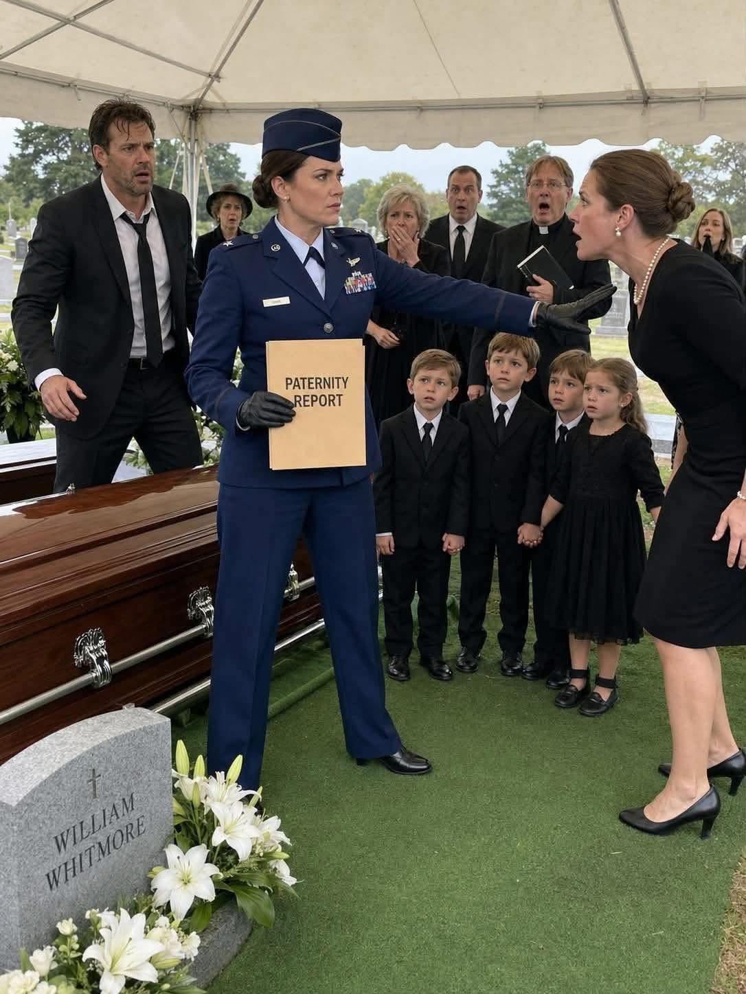 I walked into my ex-husband’s family funeral with five children beside me, and the whispers started before we even reached the grave. But the moment he looked at them and saw his own face reflected in all five, the woman who helped destroy my marriage turned pale enough that I knew the past was about to come crashing down in front of everyone…  My name is Savannah Cole, and when I returned to the Whitmore estate after ten years, I didn’t come back as the woman they once pushed aside.  I came back in uniform.  The black SUV rolled to a stop beneath a gray Georgia sky just as the church bells began tolling for William Whitmore’s funeral. The air smelled of rain, cut grass, and lilies too sweet for a cemetery. Gravel shifted beneath my shoes as I stepped out first, blue military dress uniform pressed perfectly, medals catching the weak morning light.  Then the back doors opened.  One by one, my five children stepped out behind me.  That was when the whispers started.  The sound moved through the cemetery like wind through dry leaves—five children, close in age. Three boys. Two girls. Ethan, Noah, Luke, Rose, and Emma. Standing quietly beside me with dark eyes, sharp features, and the unmistakable Whitmore face this town had seen for generations.  They looked exactly like Grant Whitmore.  My ex-husband.  The man who divorced me ten years ago without ever letting me explain the truth.  I took my children’s hands and guided them toward the grave. I hadn’t come for money. I hadn’t come to beg. I hadn’t come to justify my life to people who had already decided who I was years ago.  I came because William Whitmore had once been the only person in that family who treated me like I mattered. Years after the divorce, he still mailed a handwritten Christmas card to my military address. I still kept it folded inside my Bible.  My children deserved to stand before the grandfather who died never knowing they existed.  We were halfway to the grave when Vanessa stepped in front of us.  Perfect hair. Pearl earrings. Black silk dress. That same razor-thin smile that had always felt dangerous.  Ten years ago, I trusted her with small things first.  That was my mistake.  “Well,” she said loudly enough for nearby relatives to hear, “I suppose military service doesn’t teach shame.”  My oldest son tightened his grip around my hand.  “Move,” I said calmly.  Vanessa’s eyes traveled across the children one by one.  “Do you honestly expect anyone to believe this little performance?” she asked. “That these children belong here?”  “They came to say goodbye.”  “To a man who wasn’t their family.”  That was enough.  My youngest daughter stepped forward slightly, voice small but steady.  “He was our grandfather.”  Everything stopped.  The cemetery froze.  A handkerchief paused halfway to someone’s mouth. The minister stood motionless with his Bible open in his hands. Somewhere behind me, someone inhaled sharply and never quite let the breath back out.  Then Grant turned.  He had been standing beside the coffin, grief still visible across his face. At first, he simply stared at the children.  At Ethan. At Noah. At Luke. At Rose. At Emma.  His expression changed slowly.  Confusion first.  Then disbelief.  Then something far more dangerous.  Recognition.  Vanessa saw it too, and panic flashed across her face before she tried to bury it beneath anger. She reached toward my daughter.  I caught her wrist before she could touch her.  “Don’t touch my child,” I said.  The silence changed shape.  It wasn’t polite anymore.  It was fearful.  Grant stepped forward slowly, eyes still locked on the children.  “Savannah…” he said quietly. “What is this?”  My hand remained steady, though inside my glove my fingers tightened around the sealed envelope I had carried with me.  Inside were three things I hadn’t shown him ten years ago.  Because back then, I was too hurt, too overwhelmed, and too alone to fight a family that had already decided I was guilty.  A paternity report.  A hotel record.  And a notarized statement Vanessa thought had disappeared forever.  Proof doesn’t arrive loudly.  Sometimes it’s just paper in a quiet place where lies finally run out of room.  I looked at William Whitmore’s grave.  Then at Grant.  Then at Vanessa, whose confidence was beginning to crack apart in front of everyone.  “This,” I said softly, “is what you abandoned ten years ago.”  Grant’s eyes dropped to the envelope in my hand.  Vanessa’s voice trembled.  “Savannah… don’t.”  And when Grant looked from her face back to mine—realizing she wasn’t surprised—  he took one slow step closer and asked in a near whisper—  👇 I know many of you want the next part, so please wait a moment and continue reading in the comments below. Thank you for your patience and understanding. Please comment “YES” and give us a Like to receive the full story. 👇
