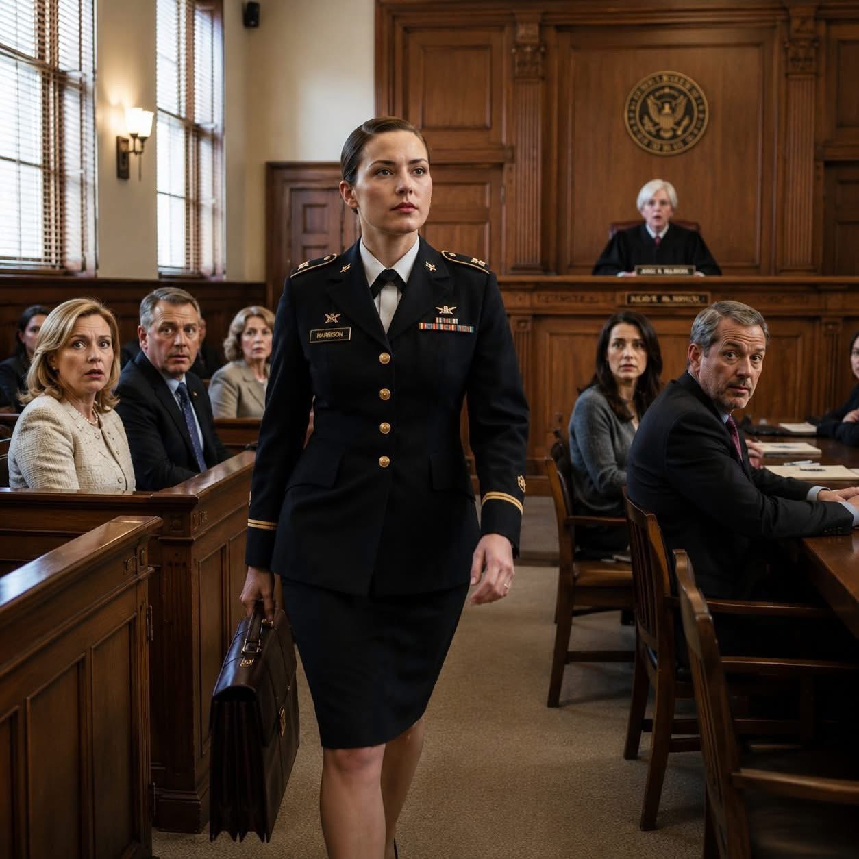 When I stepped into that Omaha courtroom wearing my Army dress uniform, my mother leaned in close and hissed, “Sit in the back, Rachel, and try not to embarrass us,” but ten seconds later, the judge looked up, went still, and said my name like she had seen it somewhere important — and for the first time in my life, the people who raised me understood the room no longer belonged to them.  The courthouse smelled like old wood, floor polish, and anxiety.  My parents were already standing near the front row with their attorney, dressed the way people dress when they want the world to confuse money with character. My mother gave me the same tight smile I had grown up with, the one that never reached her eyes. My father barely looked at me at all. He looked past me, around me, like I was just another inconvenience to handle before the hearing began.  That part was not new.  I had spent most of my life being treated like the daughter they wished had turned out differently.  Too serious. Too stubborn. Too blunt. Too much in every way that never mattered when my younger sister did it and never stopped mattering when I did.  By seventeen, I already knew the rules of our house. Melissa got softness. Melissa got celebration. Melissa got the version of my mother that knew how to glow and fuss and say, Isn’t she lovely?  I got instruction.  I got correction.  I got told to stand straighter, speak quieter, want less.  The first time it truly landed, I was a senior in high school asking for a prom dress.  My mother did not even look up when she told me to wear my sister’s old one. She said I was not the kind of girl who cared about all that anyway. So Melissa got something new and blue and soft beneath the department store lights, and I stayed home in my room on prom night with a history book in my lap and the taste of humiliation sitting bitter at the back of my throat.  That was the year I began planning my way out.  Then came graduation.  I crossed that stage with honors and searched the crowd for my family, hoping for one clean moment where I would feel chosen.  Their seats were empty.  They arrived late, blamed traffic, and somehow by dinner that night, the conversation had already moved to Melissa’s European trip, which my parents were paying for early because she had “so much potential.”  That was the night I stopped confusing neglect with misunderstanding.  I enlisted the next year.  My father laughed like I had announced a joke. My mother cried, not because she was scared for me, but because she did not know how she would explain it to the neighbors. In their world, the Army was what girls like me did when they could not make something softer, prettier, more acceptable out of themselves.  So I left.  And for the first time, I found a world where effort mattered.  Basic training did not care whose daughter I was. Law school did not care whether my mother approved of my tone. The JAG Corps did not ask me to shrink myself into somebody else’s polished little family portrait.  It asked me to work.  It asked me to stand straight, think clearly, and tell the truth without flinching.  So I did.  And that is exactly how I ended up back in Omaha in a courtroom my parents thought would remind me where I belonged.  They had called me home for what they described as a small legal nuisance involving one of their tenants. They expected me to sit in the back, watch quietly, and play my old part — the daughter who could be summoned, placed, and silenced.  My mother even pointed toward the last row near the door.  So I sat there for a moment and watched them.  Watched my father lean toward his expensive attorney.  Watched my mother smooth her jacket with those perfect, careful hands.  Watched the clerk organize files while the room filled with that familiar pre-hearing hush.  Then the bailiff called everyone to rise.  Judge Hullbrook stepped in.  The hearing began.  My parents’ lawyer stood to present their side.  And that was when I rose from the back row, picked up my leather briefcase, and started walking forward in the kind of silence that makes every footstep sound like a warning.  I passed my parents without looking at them.  Reached the defense table.  Set my briefcase down beside the tenant they had dragged in there alone.  Then I looked directly at the bench and introduced myself..(I know you’re curious about the next part, so please be patient and read on in the comments below. Thank you for your understanding of the inconvenience. please leave a ‘YES’ comment below and give us a “Like ” to get full story ) 👇