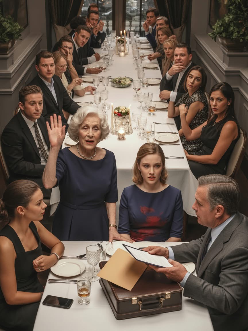 I was nudged away from my grandmother’s 80th birthday table, relocated to the bar as if I didn’t belong, laughed at by thirty guests, and left holding a $3,270 bill—then I overheard my cousin murmur, “We just need her gone before Grandma’s attorney does anything,” and my grandmother silenced the entire room with three calm words: “Just a moment, please”…  My name is Annabelle. I’m 29, a registered nurse in Crestwood, Georgia, and I rent a small apartment above the laundromat on Cherry Street.  I was five when my parents passed away, and my uncle Richard brought me into the Everett household like an obligation. Diane—his wife—made certain I understood I was the extra addition.  There were no bruises. Just exclusions: three settings instead of four, family portraits without me, holidays where I was handed the camera so I’d stay out of the frame.  By sixteen, I was working evening shifts to cover my own essentials. I pushed myself through nursing school on loans and back-to-back shifts, because expecting help in that house was laughable.  The only person who ever made me feel genuinely included was my grandmother Eleanor. Every Sunday, she placed a setting for me without hesitation, as if it was the most natural thing in the world.  So when Richard called in late March and said, “Maybe it’s better if you skip Mom’s birthday dinner this Saturday,” I knew Diane had started hovering around Eleanor’s finances. I called Eleanor anyway, and her voice turned urgent: “You must come, Annabelle. Promise me.”  She told me to wear something that made me feel powerful, so I chose a simple navy dress and my mother’s pearl earrings—the final piece of her I still owned.  Eleanor’s celebration was held at The Magnolia Room, and Diane had reserved the main dining space for thirty guests.  Eleanor sat at the head, slimmer than the previous Sunday but still mentally sharp. When she saw me, she clasped my hand and whispered, “Sit next to me.”  I did—and noticed the man seated on her other side. Gray suit, silver hair, a leather briefcase tucked beneath his chair. He barely spoke, but he observed everything.  Diane rose to “present the family.” Kyle, Madison, Richard—her flawless lineup. When someone asked who I was, Diane smiled lightly and said, “Oh, that’s Annabelle. She grew up around us.”  Around us. As if I’d never truly been part of it.  Moments later, Madison’s elbow “accidentally” tipped, and red wine splashed across my dress. She pressed a napkin to her lips and said, “Oops. White might’ve been safer for you.”  A few guests laughed softly. Kyle grinned.  I blotted the stain and kept my expression neutral. Beneath the table, Eleanor squeezed my hand—once, firmly.  Then Diane said in a breezy tone, “We need to shift seats. Uncle Harold requires space.” She turned toward me. “Annabelle, sweetie, why don’t you move to the bar?”  Kyle leaned back in his chair. “Yeah, not like you’re giving a speech.”  No one objected. Richard stared down at his plate. So I stood, picked up my water glass, and walked to the bar with my posture straight.  From the bar I had a clear view: Diane laughing and topping off glasses, Kyle boasting loudly, Madison shielding her phone beneath the table. Eleanor remained at the head like she was bracing herself, and the man in gray stayed still.  Twenty minutes later, Madison paused in the hallway near me, acting as though I wasn’t there. Into her phone, she whispered, “It’s working. She’s at the bar. One more nudge and she’ll leave for good.”  “We just need her out of the picture before Grandma’s lawyer does anything.” Lawyer.  So this wasn’t tension. It was a scheduled removal. A deliberate effort to push me out before legal matters surfaced.  Near the end of the evening, a waiter approached with a leather check holder. Inside: $3,270, billed under my name because Diane had used the secondary card she’d added me to at seventeen “for emergencies.”  Kyle watched me with a satisfied smile. Madison aimed her phone in my direction, recording. Diane lifted her glass in a subtle toast like she had won.  I took out my own debit card—my actual savings—and handed it over.  I paid.  I signed the receipt, added a tip, set the pen down, and began to rise.  “Just a moment, please.” Eleanor’s voice carried across the room. Every head turned.  The man in gray stood first and offered her his arm. Eleanor rose, steady and unwavering. “Before anyone leaves,” she said, “I have something to say.”  Diane attempted to interject. Eleanor didn’t flinch. “Sit down, Diane.” Diane complied.  Then Eleanor extended her hand to me. “Annabelle, come back to the table, sweetheart.”  My legs hesitated—decades of conditioning—but I returned until I stood beside her once more.  Eleanor rested her hand on my arm and declared clearly, “You belong here more than anyone at this table.”  The silence thickened. The man in gray placed his briefcase on the tablecloth, unclasped it, and slid a substantial manila envelope beside Eleanor’s untouched dessert plate.  Eleanor laid her palm over the envelope, looked directly at Diane, and began, “You just told this room Annabelle’s parents left nothing. I’d like to correct that—”  Part 2 is where the envelope finally opened.And its in the first comment…….