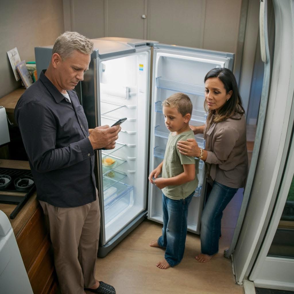 Dad Came to Pick Up My Son for the Weekend. He Opened the Fridge, Saw Nothing but a Bottle of Ketchup, and Went Still. “You earn three thousand a month… so why is my grandson hungry?” Before I could answer, my husband walked out proudly and said, “I transferred her entire paycheck to my mom.” My father slowly took off his jacket. That single sentence changed everything.  It looked like any other Friday in our quiet suburban neighborhood—the kind where lawns are neatly cut, flags hang from porches, and neighbors wave while buckling kids into their SUVs. But inside my small apartment, nothing about that moment felt normal.  The refrigerator door creaked open, spilling a pale, cold light onto nearly empty shelves and a lonely bottle of ketchup sitting in the corner.  My son stood nearby in his red Spider-Man hoodie, clutching his toy truck, watching the adults the way kids do when they know something serious is happening but don’t fully understand it. My stomach tightened as I saw my dad’s gaze move from the empty fridge down to my boy’s thin wrists.  “Explain this,” he said quietly. His voice carried that same firm tone he used years ago when I tried to skip homework. “Three thousand dollars a month… and there isn’t a single meal in this house?”  I took a breath, ready to say something—anything—to soften the humiliation rising in my chest.  But my husband stepped out of the bedroom before I could speak, acting like nothing was wrong.  “Oh, I transferred her entire salary to my mom,” he said casually, almost proud of himself. “She needed help. That’s what family does.”  The room fell into a heavy silence.  The refrigerator hummed softly. A school bus released its brakes outside. The kitchen light buzzed faintly above us.  My dad slowly folded his jacket and set it over the back of a chair. The calmness in that movement felt heavier than any shouting.  “So,” he said, looking directly at my husband, “your mother gets taken care of… and your son doesn’t.”  It wasn’t a question.  It was a line being drawn.  My husband shrugged. “My mom sacrificed everything raising me. Medical bills aren’t cheap. The kid will survive. People here overreact about food anyway.”  My father’s jaw tightened.  This was the man who once worked double warehouse shifts, attended night classes, and still made sure there was always a snack tucked into my backpack before school. He didn’t need to raise his voice to make a point.  Instead, he turned toward me.  “Did you know he was moving your paycheck?” he asked.  My throat burned. “No. He changed the email on our joint account. I only found out when my card got declined at the store. I was trying to buy milk.”  My husband scoffed. “You’re being dramatic. My mom needs help. She matters more than your ego.”  That was the moment something shifted in my father.  It was like a switch flipping back to the version of him who once told a landlord, “You don’t get to disrespect my family,” and meant every word.  Dad pulled out his phone, scrolled to a contact, and said quietly, “This isn’t about pride. This is about a child standing in front of an empty refrigerator while his mother’s income is sent to someone who doesn’t even live in this house.”  My husband laughed nervously. “Who are you calling? Come on. You’re not actually going to do anything.”  But my father was already walking toward the door, rolling up his sleeves, calm and focused.  And in that moment I realized this wasn’t just a simple weekend pickup anymore.  It was the day my father decided to show my husband what real responsibility—and real family—actually looks like.  👉 To be continued in the comments….