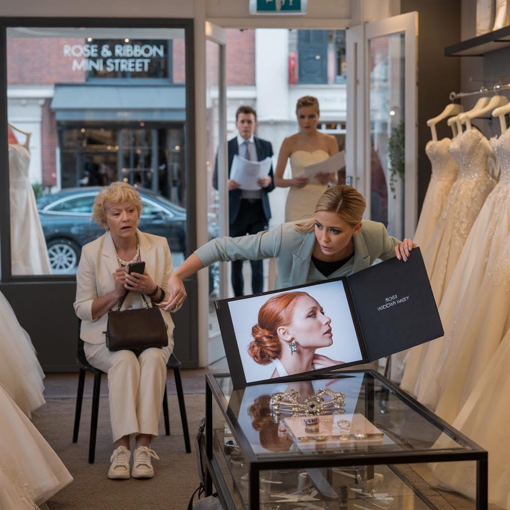 Before my daughter’s wedding, the boutique owner seized my wrist and breathed, “Please… don’t say anything.” Ten minutes later, I heard my daughter laughing near the register—and a man’s quiet voice outlining a “plan” that made my blood run cold.  My name is Margaret Collins. I’m seventy-two years old, and I walked into Rose & Ribbon wearing my Sunday dress and white sneakers because my knees gave up on heels years ago.  I had a list tucked into my purse: find something elegant for the rehearsal dinner, keep Lily calm, smile no matter what.  I should’ve added one more line—don’t trust polished smiles in high-end boutiques.  The shop sat neatly along Main Street, flag fluttering above the storefront. Inside, everything smelled faintly of perfume and pressed silk. Dresses shimmered beneath bright, flattering lights.  Lily was two weeks away from her wedding. Twenty-eight. Organized. Efficient. She treats major life events like business projects with deadlines and bullet points.  The appointment wasn’t for her—it was for me. She insisted the “mother of the bride cannot repeat outfits,” which meant my dependable church-blue dress wasn’t acceptable.  She waited outside the fitting room, scrolling through her phone, sighing softly every time I stepped out to model something.  That’s when I noticed the boutique owner.  She stood near the register, posture stiff, eyes scanning the room like someone measuring distance to the exits. When her gaze met mine, something flickered across her face.  Not irritation.  Fear.  Moments later, her hand slipped through the fitting-room curtain and wrapped around my wrist. Firm. Urgent.  “Mrs. Collins,” she whispered so quietly Lily couldn’t hear, “don’t come out yet.”  She guided me behind a rack of sequined gowns, shielding me from view.  “Stay here. Please. Don’t say a word.”  My heart thudded against my ribs as soft music continued playing, hangers clicking lightly as though nothing was wrong.  Then I heard Lily’s laugh—bright, charming, the version she uses when she’s persuading someone.  I edged closer to a narrow gap between dresses.  Brian Hart, her wedding planner, stood at the counter in a tailored suit. Lily slid an envelope across the glass toward him. He opened it casually, like he already knew what was inside.  “Perfect,” he murmured. “Once she signs, it’s finalized. There’s no backing out.”  Lily’s tone remained light. “She’ll sign. She always signs. She thinks everything is for the wedding.”  Brian lowered his voice slightly, but I still caught it.  “Make sure your mother doesn’t connect the gown to the paperwork. If she finds out, she’ll interfere.”  My throat tightened.  The gown… tied to paperwork?  Then Lily said something that cut deeper than the rest.  “Mom’s sweet,” she said softly. “But she’s not as sharp as people think. She stays quiet. She always stays quiet.”  Brian asked, “Rehearsal dinner?”  “That’s when we handle it,” Lily replied. “Public. Clean. No one questions it.”  I stepped back, my knees threatening to give way.  I wasn’t shopping for a dress.  I was being maneuvered.  When Lily and Brian moved toward the front door, the boutique owner tapped once on the fitting-room wall and whispered, “Now.”  She hurried me through a STAFF ONLY door into a narrow office. She locked it behind us and pulled a folder from her desk.  The top page was a printed image from the store’s security camera.  Lily stood beside a locked jewelry case, smiling. In her hand—a necklace lifted just enough to be suspicious.  The owner’s voice trembled.  “She’s setting something up, Mrs. Collins. And from what I’ve seen… she intends for it to fall on you.”  My phone buzzed in my purse.  A message from Lily:  “Mom, don’t go anywhere. I’ll be right back.”  Part 2 continues in the comments..