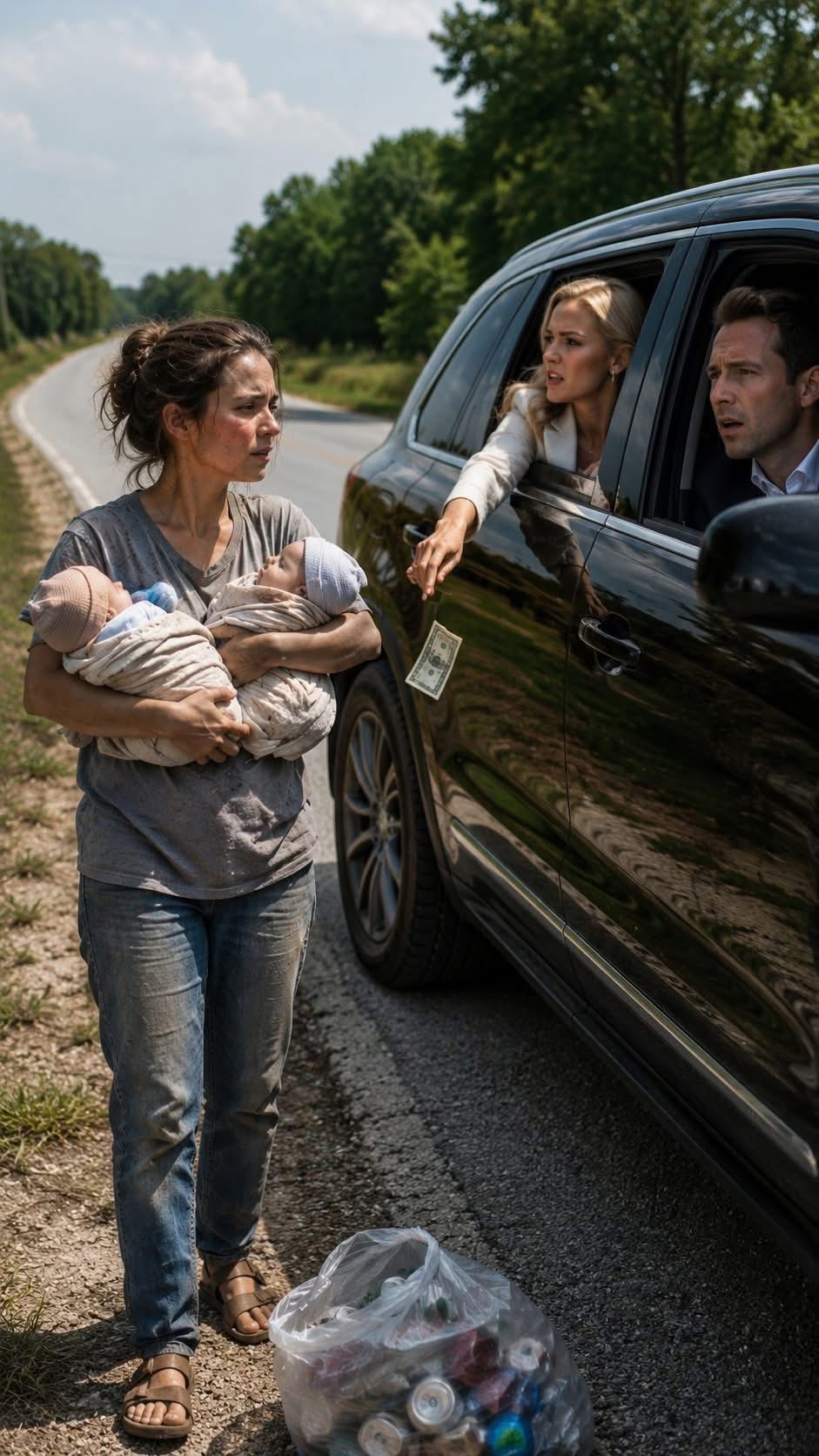 A divorced millionaire was driving his fiancée home when he suddenly spotted his homeless ex-wife on the street.  “Michael, stop the car right now! Pull over!”  Ashley’s sharp voice cut through the sealed silence of the black SUV like metal scraping glass. Michael hit the brakes before he even understood why. The tires shrieked against the cracked shoulder, and dust rose in a hot brown cloud around the doors.  “Look over there,” Ashley said, leaning across the dash with that polished little smile he used to mistake for confidence. “Isn’t that your ex-wife?”  Michael turned his head.  And everything inside him stopped.  A few yards from the roadside, under the harsh white glare of a summer afternoon, stood Emily.  Not the woman he remembered walking beside him through hotel lobbies and charity dinners. Not the wife who used to leave her coffee half-finished on the kitchen island because she was always late helping somebody else. The woman on the shoulder wore a faded T-shirt, worn sandals, and jeans covered in gray road dust. Her hair was tied back unevenly, sweat clung to her temples, and exhaustion sat on her face like something permanent.  But that was not what made Michael’s hands begin shaking on the steering wheel.  Emily was holding two babies against her chest in soft cloth wraps.  Twins.  Newborns, or close to it.  Their tiny faces were tucked under little knit caps, their cheeks red from the heat. And even from the SUV, Michael saw the detail that struck him like a fist to the ribs.  They had his light hair.  At Emily’s feet sat a plastic grocery bag half-filled with crushed cans and empty bottles. His ex-wife, the woman he had once promised to protect until his last day, was surviving by collecting recycling on the side of a rural road while carrying two children he had never even known existed.  “Well, look at you, Emily,” Ashley called through the open window, her voice sweet in the way poison can be sweet. “Digging through trash. I guess everybody ends up where they belong.”  Emily did not answer her.  She did not even look at Ashley.  She looked only at Michael, and the sadness in her eyes was so quiet it made it hard for him to breathe.  “Drive,” Ashley snapped. “Don’t let this mess get on us. And those babies? Please. They’re probably from one of your little side stories, aren’t they, Emily?”  The words side stories opened a door Michael had spent one year trying to keep locked.  One year earlier, he had stood in the marble entryway of the house he and Emily once shared. Bank transfer printouts lay across the glass table. Hundreds of thousands of dollars, supposedly moved by Emily. Blurry photos of her entering a hotel beside a man Michael did not know. Then the final blow: his mother’s diamond necklace, gone from the safe and later found in Emily’s dresser after Ashley suggested security check her closet.  Emily had dropped to her knees that night.  “Michael, I didn’t do this,” she begged. “Ashley hates me. She’s lying to you. Please, listen to me. I’m—”  He never let her finish.  Pride can make a man feel strong while it is making him stupid. And humiliation loves an audience.  He had turned away, jaw locked, heart burning with the need to punish somebody.  “Get her out of my house,” he told security. “And don’t let her take a dime.”  He never heard the rest of her sentence.  He never asked where she went.  A horn blared behind him and pulled him back to the roadside. Ashley reached into her purse, pulled out a crumpled twenty-dollar bill, balled it up, and tossed it out the window.  “Here,” she said. “Buy milk. Or whatever people like you buy.”  The bill landed in the dust near Emily’s sandals.  Emily looked at it for one second. Then she raised her eyes to Michael again.  There was no hatred there.  That was the worst part.  Only a devastating kind of pity, as if he were the one standing barefoot in the dust with nothing left.  She covered the babies’ heads with both hands to protect them from the grit, picked up her bag of cans, and kept walking.  Michael’s fingers tightened around the steering wheel until his knuckles turned pale. For one ugly heartbeat, he wanted to throw open the door, run after her, fall to his knees in that hot gravel, and beg her to say the babies were his so he could start paying for every second he had stolen from them.  But Ashley was still talking.  Laughing.  Watching him.  And in that poisonous little moment, Michael understood something. If he confronted her without proof, she would burn whatever trail was left before he could reach it.  So he put the SUV back in gear.  But as Emily grew smaller in the rearview mirror, Michael made a promise so cold it steadied his hands.  He would find out everything.  At 2:17 p.m., he dropped Ashley outside an upscale boutique. She stepped out smiling, talking about dinner reservations, a white dress, and how ridiculous Emily looked carrying babies who could never belong to a man like him.  Michael did not answer.  At 2:31 p.m., instead of driving home, he went straight to his downtown office. He locked the door, closed the blinds, and called David, a private investigator he had once used when a business partner tried to hide assets behind three shell companies.  “I need everything on Emily,” Michael said when the line connected. “Where she has been. How she has lived. Why she disappeared. And those babies. I need to know who they are.”  David went quiet for a moment.  “Are you sure you want to open that door?”  Michael looked out through the glass at the bright city below, moving like nothing had happened. Like a woman was not walking beneath a brutal sun with two babies who might have carried his name all along.  “I should never have closed it,” he said.  Then he added, “And pull the divorce file. The wire transfers. The hotel photos. The necklace. I want every crack in that story.”  By 6:48 p.m., David called back.  His voice had changed.  “Start with this,” he said. “Eleven months ago, a pregnant woman checked into a county hospital intake desk and listed you as her emergency contact. Your name was on the form. Your old home number. Your private office line. Everything.”  Michael’s stomach went cold.  “Emily?”  “Yes,” David said. “And someone paid to make that hospital intake record disappear.”  Michael closed his eyes.  For the first time in a year, he did not feel angry.  He felt afraid.  Because if Emily had tried to reach him while she was pregnant, and he had never received one call, then the betrayal had not started on that roadside.  It had been living under his own roof…  And when David slid the first scanned page into Michael’s encrypted inbox, the name on the receipt line made his blood turn cold…  I know many of you are curious about what happens next, so check the comments below for the continuation. Thank you for your patience. Comment “YES” and leave a Like to get the full story. 👇A divorced millionaire was driving his fiancée home when he suddenly spotted his homeless ex-wife on the street.  “Michael, stop the car right now! Pull over!”  Ashley’s sharp voice cut through the sealed silence of the black SUV like metal scraping glass. Michael hit the brakes before he even understood why. The tires shrieked against the cracked shoulder, and dust rose in a hot brown cloud around the doors.  “Look over there,” Ashley said, leaning across the dash with that polished little smile he used to mistake for confidence. “Isn’t that your ex-wife?”  Michael turned his head.  And everything inside him stopped.  A few yards from the roadside, under the harsh white glare of a summer afternoon, stood Emily.  Not the woman he remembered walking beside him through hotel lobbies and charity dinners. Not the wife who used to leave her coffee half-finished on the kitchen island because she was always late helping somebody else. The woman on the shoulder wore a faded T-shirt, worn sandals, and jeans covered in gray road dust. Her hair was tied back unevenly, sweat clung to her temples, and exhaustion sat on her face like something permanent.  But that was not what made Michael’s hands begin shaking on the steering wheel.  Emily was holding two babies against her chest in soft cloth wraps.  Twins.  Newborns, or close to it.  Their tiny faces were tucked under little knit caps, their cheeks red from the heat. And even from the SUV, Michael saw the detail that struck him like a fist to the ribs.  They had his light hair.  At Emily’s feet sat a plastic grocery bag half-filled with crushed cans and empty bottles. His ex-wife, the woman he had once promised to protect until his last day, was surviving by collecting recycling on the side of a rural road while carrying two children he had never even known existed.  “Well, look at you, Emily,” Ashley called through the open window, her voice sweet in the way poison can be sweet. “Digging through trash. I guess everybody ends up where they belong.”  Emily did not answer her.  She did not even look at Ashley.  She looked only at Michael, and the sadness in her eyes was so quiet it made it hard for him to breathe.  “Drive,” Ashley snapped. “Don’t let this mess get on us. And those babies? Please. They’re probably from one of your little side stories, aren’t they, Emily?”  The words side stories opened a door Michael had spent one year trying to keep locked.  One year earlier, he had stood in the marble entryway of the house he and Emily once shared. Bank transfer printouts lay across the glass table. Hundreds of thousands of dollars, supposedly moved by Emily. Blurry photos of her entering a hotel beside a man Michael did not know. Then the final blow: his mother’s diamond necklace, gone from the safe and later found in Emily’s dresser after Ashley suggested security check her closet.  Emily had dropped to her knees that night.  “Michael, I didn’t do this,” she begged. “Ashley hates me. She’s lying to you. Please, listen to me. I’m—”  He never let her finish.  Pride can make a man feel strong while it is making him stupid. And humiliation loves an audience.  He had turned away, jaw locked, heart burning with the need to punish somebody.  “Get her out of my house,” he told security. “And don’t let her take a dime.”  He never heard the rest of her sentence.  He never asked where she went.  A horn blared behind him and pulled him back to the roadside. Ashley reached into her purse, pulled out a crumpled twenty-dollar bill, balled it up, and tossed it out the window.  “Here,” she said. “Buy milk. Or whatever people like you buy.”  The bill landed in the dust near Emily’s sandals.  Emily looked at it for one second. Then she raised her eyes to Michael again.  There was no hatred there.  That was the worst part.  Only a devastating kind of pity, as if he were the one standing barefoot in the dust with nothing left.  She covered the babies’ heads with both hands to protect them from the grit, picked up her bag of cans, and kept walking.  Michael’s fingers tightened around the steering wheel until his knuckles turned pale. For one ugly heartbeat, he wanted to throw open the door, run after her, fall to his knees in that hot gravel, and beg her to say the babies were his so he could start paying for every second he had stolen from them.  But Ashley was still talking.  Laughing.  Watching him.  And in that poisonous little moment, Michael understood something. If he confronted her without proof, she would burn whatever trail was left before he could reach it.  So he put the SUV back in gear.  But as Emily grew smaller in the rearview mirror, Michael made a promise so cold it steadied his hands.  He would find out everything.  At 2:17 p.m., he dropped Ashley outside an upscale boutique. She stepped out smiling, talking about dinner reservations, a white dress, and how ridiculous Emily looked carrying babies who could never belong to a man like him.  Michael did not answer.  At 2:31 p.m., instead of driving home, he went straight to his downtown office. He locked the door, closed the blinds, and called David, a private investigator he had once used when a business partner tried to hide assets behind three shell companies.  “I need everything on Emily,” Michael said when the line connected. “Where she has been. How she has lived. Why she disappeared. And those babies. I need to know who they are.”  David went quiet for a moment.  “Are you sure you want to open that door?”  Michael looked out through the glass at the bright city below, moving like nothing had happened. Like a woman was not walking beneath a brutal sun with two babies who might have carried his name all along.  “I should never have closed it,” he said.  Then he added, “And pull the divorce file. The wire transfers. The hotel photos. The necklace. I want every crack in that story.”  By 6:48 p.m., David called back.  His voice had changed.  “Start with this,” he said. “Eleven months ago, a pregnant woman checked into a county hospital intake desk and listed you as her emergency contact. Your name was on the form. Your old home number. Your private office line. Everything.”  Michael’s stomach went cold.  “Emily?”  “Yes,” David said. “And someone paid to make that hospital intake record disappear.”  Michael closed his eyes.  For the first time in a year, he did not feel angry.  He felt afraid.  Because if Emily had tried to reach him while she was pregnant, and he had never received one call, then the betrayal had not started on that roadside.  It had been living under his own roof…  And when David slid the first scanned page into Michael’s encrypted inbox, the name on the receipt line made his blood turn cold…  I know many of you are curious about what happens next, so check the comments below for the continuation. Thank you for your patience. Comment “YES” and leave a Like to get the full story. 👇