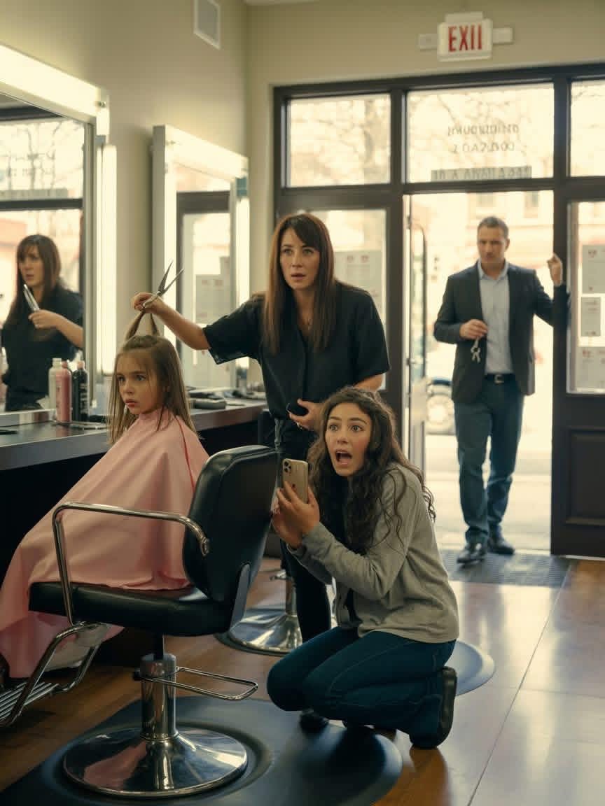 My 8-year-old daughter was getting her hair cut when the hairdresser suddenly froze. “Wait a second—Mom, this is…” she said. With a tense look, she carefully lifted part of my daughter’s hair. In that moment, her face went pale. My daughter trembled and whispered in fear, “Mom… don’t look…” But a second later, I gasped and froze in shock.  I knew something was wrong the instant Marisol went silent.  Not normal silent. Not the gentle pause a stylist makes when she is checking a cowlick or making sure both sides match. This was the kind of silence that made the hairdryers sound too loud and made the warm shampoo scent suddenly feel sharp in the back of my throat.  My daughter, Ava, was eight years old, sitting in the swivel chair with a pink cape clipped around her neck. Her sneakers barely reached the chrome footrest, and her little hands were tucked beneath the cape like she was trying to disappear inside it.  She had begged for that haircut all week.  “Just to my shoulders, Mom,” she had said in the kitchen on Tuesday night while I packed her lunch for school. “Like the girls in the skating videos. Please?”  By Saturday morning, I had finally agreed.  It was supposed to be simple. A trim. Maybe a few layers. Then hot chocolate afterward if she stayed still.  The salon sat in a small shopping strip between a nail place and a dentist office, with a little American flag sticker on the front window and a bell over the door that jingled every time someone walked in. Inside, it was bright and warm. Blow dryers hummed. Foil wrappers crinkled. Women talked about school pickup lines, grocery prices, and who was hosting Thanksgiving this year.  Normal sounds.  Normal Saturday.  Until Marisol stopped.  Marisol had cut my hair twice and Ava’s once before. She was in her forties, sharp-eyed, gentle with kids, and not the kind of woman who created drama out of nothing. She had a way of speaking to children like they were people, not decorations.  So when she lowered the comb and said, “Wait a second—Mom, this is…” I was already rising from the waiting chair before she finished.  “What?” I asked.  She did not answer immediately.  Her face had tightened. Carefully—too carefully—she lifted a section of Ava’s hair near the back of her head, just above the nape of her neck.  I could not see it yet from where I stood.  But I saw Marisol see it.  The color drained from her face so quickly it scared me more than any scream could have.  “Ava?” I said.  My daughter’s fingers curled around the arms of the chair beneath the cape. Her throat moved once, then again, like she was trying to swallow something too large.  “Mom…” she whispered.  The salon around us kept moving for one strange second. A dryer clicked off. Someone laughed near the front desk. A spray bottle hissed at the next station.  Then Ava said the worst possible thing.  “Don’t look.”  A child does not say that unless she has been carrying something alone.  And carrying something alone is how fear teaches a kid to protect the wrong person.  I crossed the floor in two steps.  Marisol still had one hand gently lifting Ava’s hair. Her other hand hovered near the comb, frozen in midair.  “I think you need to see this,” she said quietly.  Then I saw it.  At first, my mind refused to understand what my eyes were showing me.  Under the top layer of Ava’s hair, hidden where no teacher would notice and no parent would see during a rushed school morning, was a patch of scalp about the size of a silver dollar. The hair around it had been cut close to the skin, jagged and uneven, like someone had done it quickly and angrily.  The skin beneath was red with yellow bruising at the edges.  Near the center was a thin healing line.  And across that bruised patch, in faint dark ink that had partly faded but was still visible, was one word.  LIAR.  I gasped so hard my chest hurt.  My hands flew to my mouth, but the sound had already escaped me. It was not a scream. It was worse. It was the kind of broken breath a mother makes when the world in front of her stops matching the world she thought she lived in.  Ava began shaking in the chair.  Marisol let the hair fall back over the spot and stepped away, her eyes fixed on me now, not the mirror.  “Who did that?” she asked.  I wanted to say nobody.  I wanted to say there had to be some explanation. A playground accident. A cruel joke. Something at school. Something I had missed but could still fix if I named it quickly enough.  But Ava’s face told me the truth before her voice did.  Her lower lip trembled. Her eyes went toward the floor instead of toward me.  “Please don’t tell Dad I showed you,” she whispered.  The whole salon changed shape around us.  The woman under the dryer stopped pretending not to listen. The receptionist’s hand froze over the appointment book. Marisol’s scissors sat open on the counter, silver blades catching the overhead light like they had been dropped halfway through a sentence.  I looked at my little girl in that pink cape and realized the place I had been calling home might not have been safe for her when I was not watching.  My husband, Daniel, was not Ava’s father by blood, but he had been in her life for three years.  He had taught her to ride her bike in our driveway.  He had shown up to her second-grade spring concert with a paper coffee cup in one hand and grocery-store flowers in the other.  He knew the code to her tablet, the name of her stuffed rabbit, and the way she needed the hallway light left on until she fell asleep.  Trust does not usually break all at once. It breaks in one ordinary room, under ordinary light, while someone lifts your child’s hair.  I crouched beside Ava’s chair and kept my voice low, even though every part of me wanted to tear the air apart.  “Ava,” I said, “did Daniel do this?”  She squeezed her eyes shut.  That was enough.  Marisol reached for her phone but did not touch it yet. “Do you want me to call someone?” she asked.  My mind snapped into a place I did not recognize.  At 11:17 a.m., I took a photo of the patch while Marisol held the hair up and Ava cried without making a sound. At 11:19 a.m., Marisol wrote down what she had found on a salon incident note with her name, the date, and the station number. At 11:22 a.m., I texted Ava’s pediatrician’s office and asked for the earliest appointment because I needed documentation of a scalp injury.  I did not shout.  I did not call Daniel from the salon.  For one ugly second, I imagined walking straight home, throwing the front door open, and putting my hands on him before he could lie. I imagined his face when I said the word I had just seen beneath my daughter’s hair.  Then I looked at Ava’s trembling fingers and understood something colder.  Rage would make noise.  Proof would make a path.  I stood, smoothed the cape away from Ava’s cheek, and said, “Baby, I’m not mad at you.”  She broke then.  Not loudly. Not dramatically. Her chin folded down, and her shoulders began to shake beneath the cape while tiny clipped pieces of hair slid into her lap.  “I told him I didn’t take it,” she whispered.  “Take what?”  She would not answer.  Marisol and I looked at each other through the mirror.  That was when my phone buzzed in my purse.  Daniel.  One text.  Where are you two? Ava needs to learn what happens when she lies.  The room tilted.  Marisol saw my face change and stepped closer. “Mom?” she said.  I turned the phone toward her.  She read the message.  Then the receptionist, still pale behind the desk, whispered, “Ma’am… there’s a police report form online if you need it. My sister had to use one last year.”  The words police report seemed to move through the salon like cold air.  Ava heard them too.  She grabbed my wrist so tightly her little nails pressed half-moons into my skin.  “No,” she whispered. “Mom, please. He said if I told, he’d make you believe I was bad.”  I bent down until my face was level with hers.  “You are not bad,” I said.  Her eyes searched mine like she was afraid I might take it back.  I did not.  Then the bell over the salon door jingled.  Every head turned.  Daniel walked in wearing his gray work hoodie, his jaw tight, his truck keys still in his hand, and the moment he saw me standing beside Ava with Marisol’s incident note on the counter, his face changed.  Not guilt.  Recognition.  And before I could say a word, Ava ducked behind my arm and whispered.  I know many of you are curious about what happens next, so check the comments below for the continuation. Thank you for your patience. Comment “YES” and leave a Like to get the full story. 👇