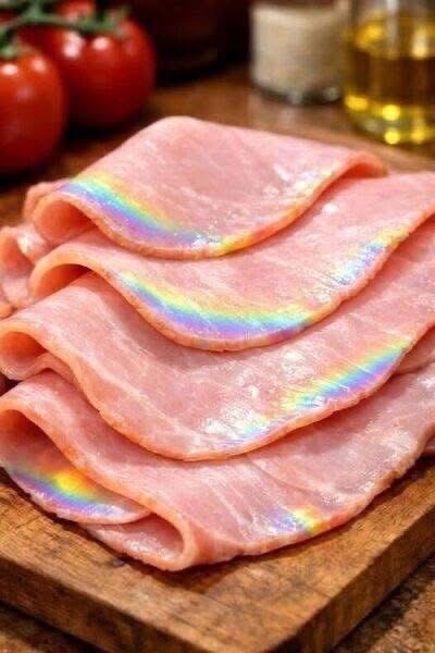 I took deli ham out of the fridge and noticed an iridescent, rainbow-like sheen on the slices. Is that normal? More in the comments below…