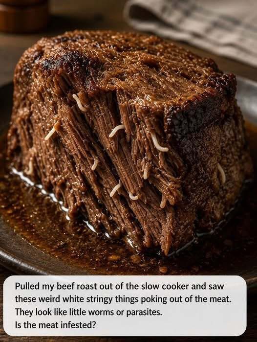 Pulled my beef roast out of the slow cooker and saw these weird white stringy things poking out of the meat. They look like little worms or parasites. Is the meat infested? Full article in comment below 👇👇