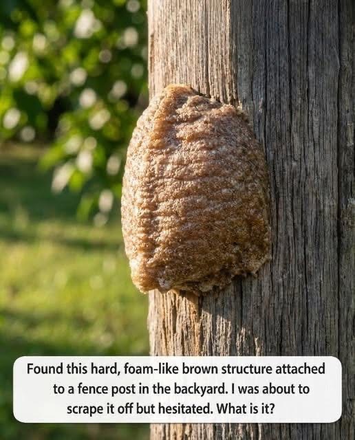 Found this hard, foam-like brown structure attached to a fence post in the backyard. I was about to scrape it off but hesitated. What is it?. Full article 👇 💬