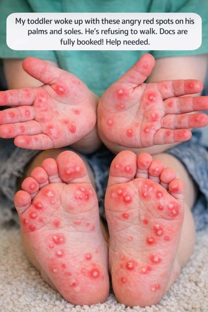 My toddler woke up with these angry red spots on his palms and soles. He’s refusing to walk. Docs are fully booked! Help needed.. Full article 👇 💬  ®