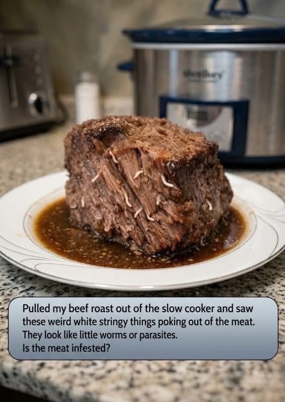 Pulled my beef roast out of the slow cooker and saw these weird white stringy things poking out of the meat. They look like little worms or parasites. Is the meat infested? Full article in comments below👇