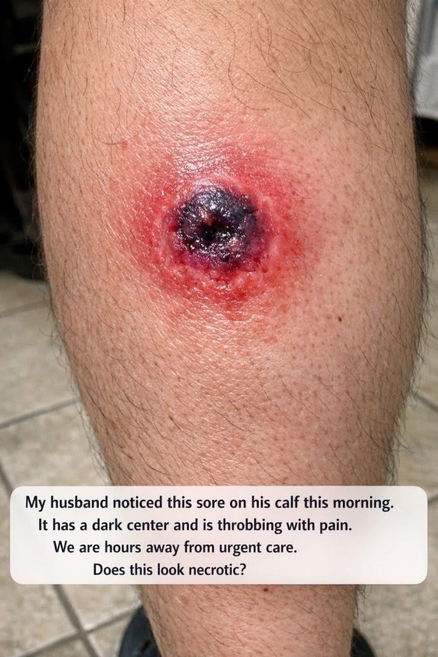 My husband noticed this sore on his calf this morning. It has a dark center and is throbbing with pain. We are hours away from urgent care. Does this . Full article 👇 💬. ®