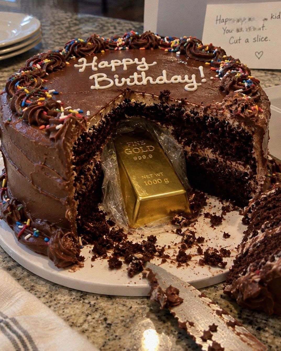 My 12-Year-Old Son Gave All His Savings To A Homeless Man — The Next Day, We Received A Cake With A Gold Bar Inside And A Note My name is Rebecca, and my son Ethan turned twelve last Saturday. He’d been saving for almost two years, birthday cash, chore money, and every dollar from the lemonade stand he ran every summer, all of it going toward one goal: his very own guitar. That morning, he asked if we could finally go pick it out. He’d been dreaming about learning guitar for as long as I could remember. On our way into the music store, we passed a homeless man sitting against the wall with his dog curled up beside him. As we walked by, a few bills slipped out of Ethan’s jacket pocket without him noticing. “Hey, kid! You dropped your money!” the man called out. Ethan stopped, genuinely stunned. I think some part of him expected the man to just keep it, and the honesty caught him completely off guard. He walked over to thank him, and ended up sitting down and talking with him for almost twenty minutes, asking questions, listening to his story. By the end of it, Ethan pulled out his entire envelope of savings and handed it to him, guitar money and all. I cried right there on the sidewalk. I told Ethan I’d buy him the guitar myself instead, proud beyond words. The next afternoon, we were home when someone knocked on our door. I opened it to find a cake sitting on the porch, no one in sight, a note propped against the box. It read: “Happy birthday, kid. You earned it. Cut a slice.” We cut into it together, and inside, wrapped in plastic, was a real gold bar. We all just stared at it in stunned silence, until Ethan pointed out something engraved along the edge. I grabbed my glasses and leaned in to read it, and my eyes went wide before I even finished the first line.