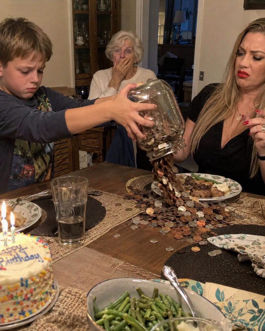 My sister charged our 79-year-old mom $10 even to switch off a light—at mom’s birthday, my 10-year-old son made a toast that left my sister bright red in front of everyone.  Six months into chemotherapy, there were days I could barely make it from my bed to the bathroom without stopping halfway.  That was why I was grateful when my younger sister, Rachel, moved into my house. Her boyfriend had taken most of her savings and disappeared, so I let her stay rent-free. In return, she promised to help our frail 79-year-old mother.  “You focus on getting better,” Rachel told me. “I’ll take care of Mom.”  I believed her.  Then one afternoon, my ten-year-old son, Noah, came into my bedroom looking upset.  “Mom, why does Grandma have to pay Aunt Rachel?”  I thought he’d misunderstood.  He hadn’t.  Rachel had created a rule: every time Mom asked for help, she owed her $10.  If Mom asked for a glass of water, Rachel held out her palm. “Ten dollars.”  If she dropped her sweater, needed the hallway light switched off, or asked to have a bag carried upstairs, it was always the same: “Give me ten, or I won’t do anything.”  Mom hid it because she knew how sick I was. By the time I found out, she’d started doing everything herself rather than ask for help. Once I found her dragging a laundry basket across the floor, her hands shaking.  “I only have five dollars left until Friday,” she whispered.  Worse, Rachel told everyone how exhausting it was “looking after an elderly mother and a sister with cancer.” Relatives praised her, while she paid no rent and rarely helped Mom unless money changed hands.  A month later, Mom turned 79.  I wanted her to feel special for one day, so despite being weak after treatment, I spent nearly all the money I had left that week on a small roast, potatoes, her favorite pie, and yellow tulips. I cooked slowly, sitting on a kitchen chair whenever the nausea hit, while Rachel stayed upstairs getting ready.  At dinner, Rachel smiled as relatives thanked her for “doing so much.”  Then my ten-year-old son, Noah, suddenly stood.  “May I make a toast?”  Everyone smiled.  Noah reached under the table and hauled up a huge glass jar packed with coins. I had never seen it before.  He turned it upside down over Rachel’s place setting. Coins thundered across the table.  “What the hell is this?” she snapped.  “It’s for you!” Noah said.  Before anyone could ask what he meant, he reached into his pocket and placed something beside the pile of coins.  The entire table went silent.  Rachel’s face turned bright red.  “Noah! Where did you get that?”  She lunged across the table, but he snatched it back before she could reach it.  “Give it to me. Now!”  Noah looked straight at her.  Then he said one sentence that made Rachel go scarlet—and made every person at the table turn toward her in shock.