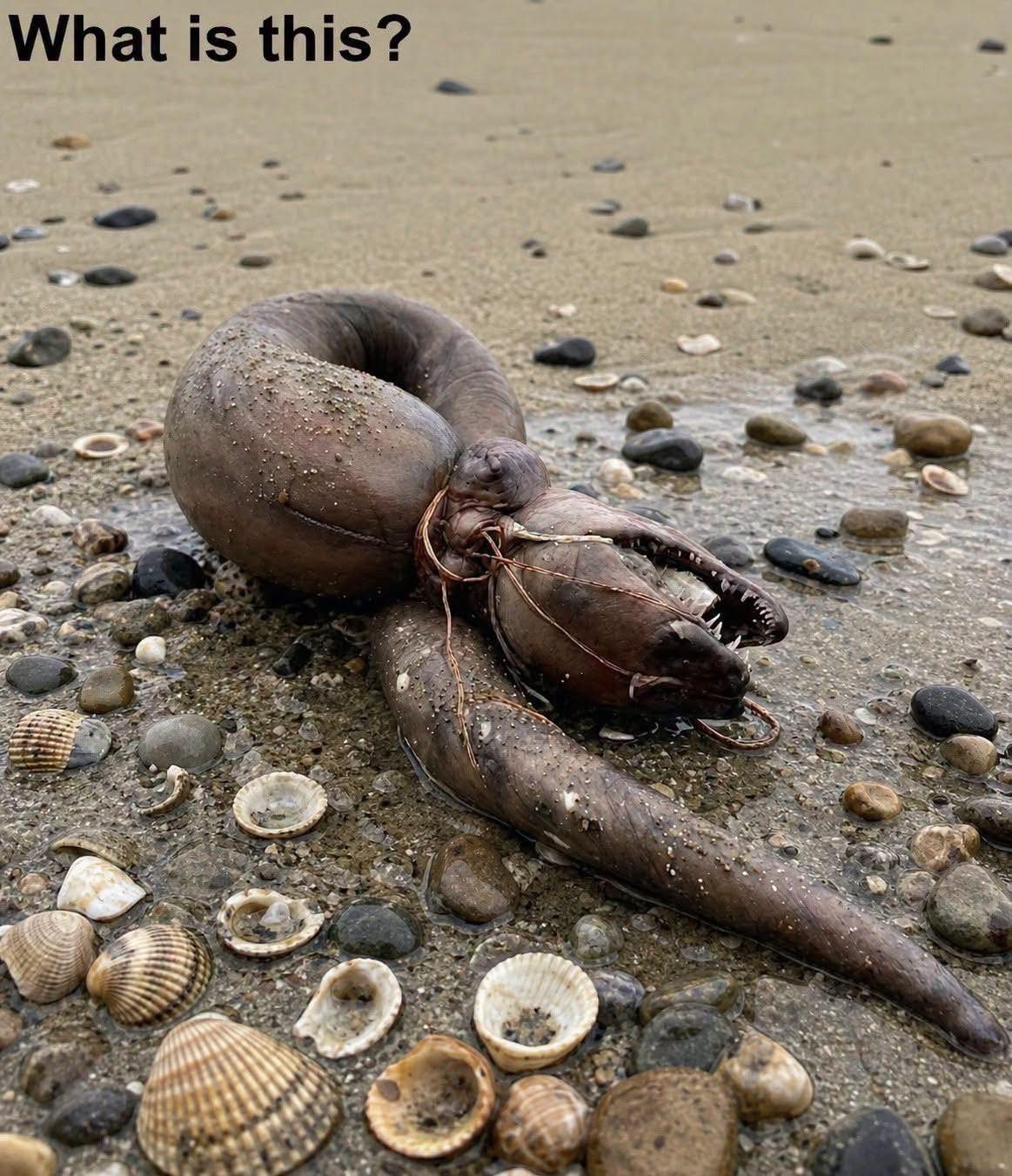 This morning, I was strolling along the beach with my dog when we spotted this near the shore. My dog went up to it, sniffed it, then quickly ran back to me. I was too frightened to move any closer. I’ve been standing nearby for a while now, staring at it and wondering what it could be. Does anyone know what this is? Check the first comment for the answer 👇 ͏